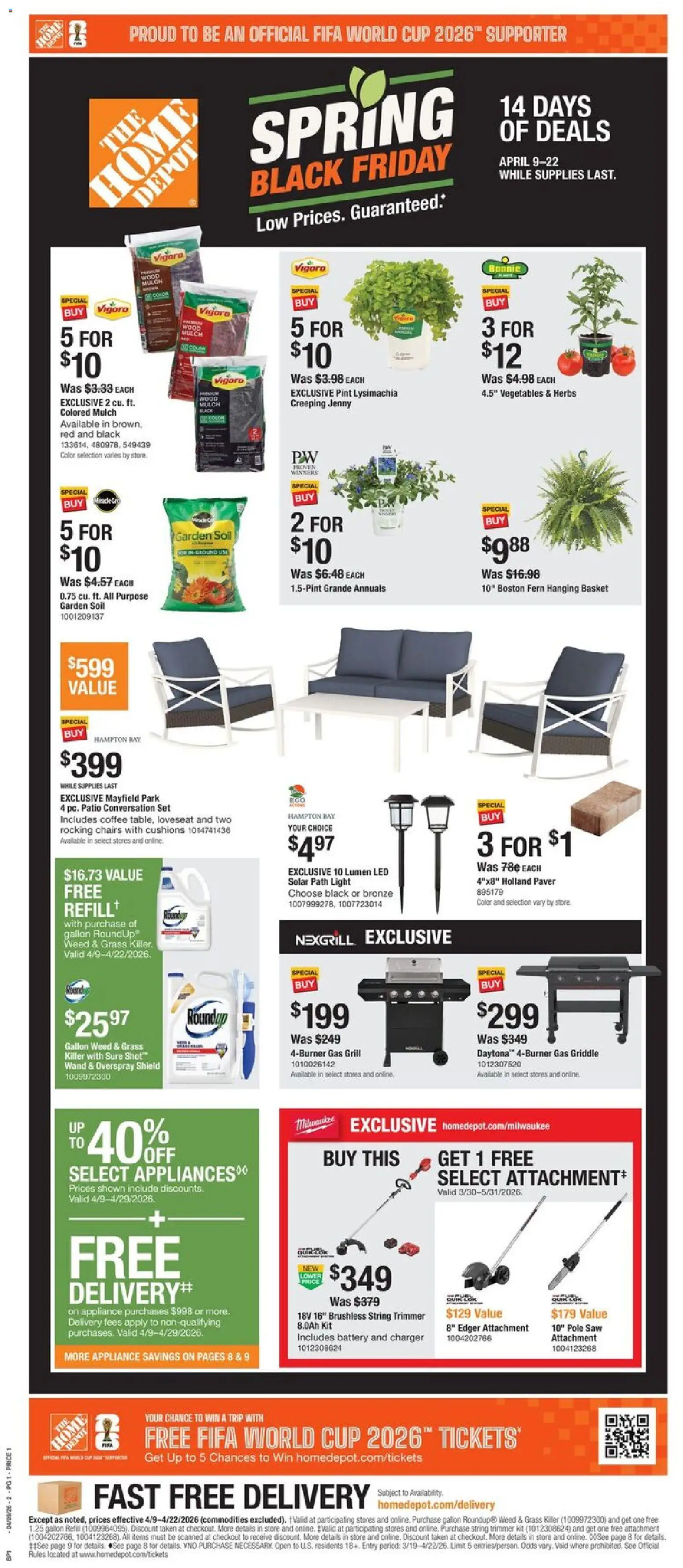 Ad Preview of Home Depot Home Depot Local Ad - FL from 04/09/2026 - Coffee, Grill, Battery, Basket, Griddle, Herbs, Edger, String trimmer