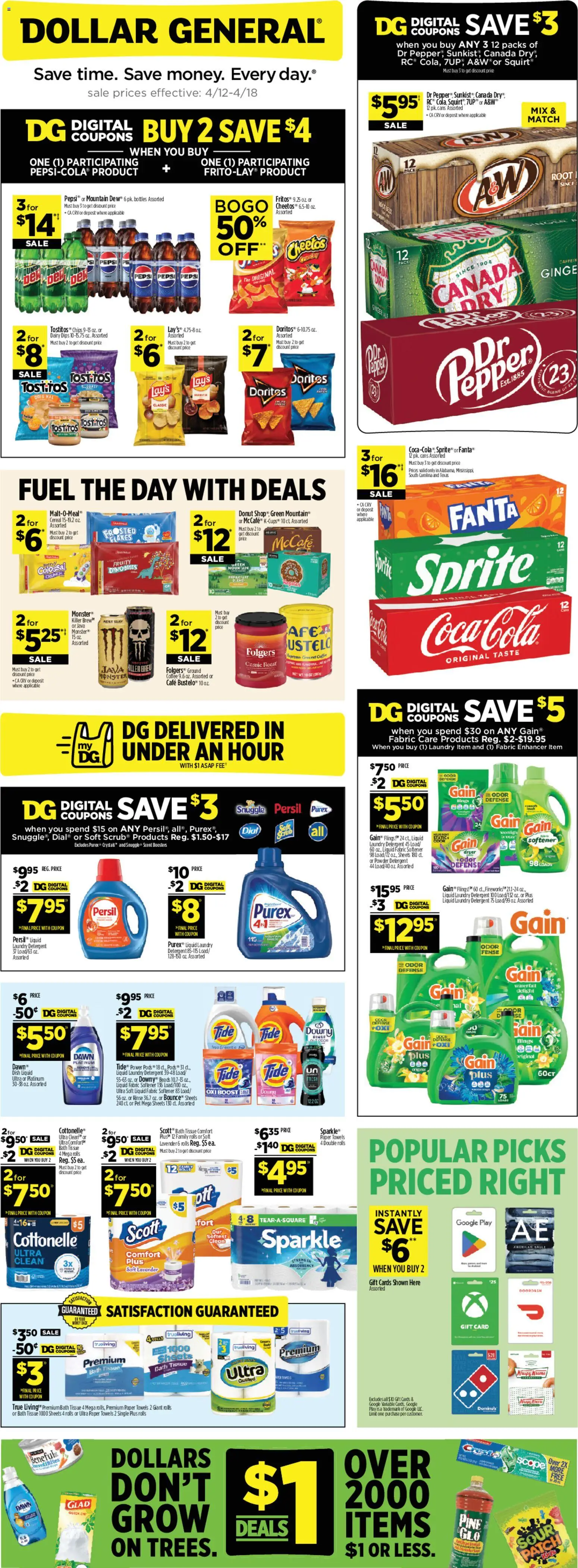 Ad Preview of Dollar General Dollar General Weekly Ad from 04/12/2026 - Coffee, Donut, Cereal, Pepsi, Bath, Powder, Fanta, Fabric softener