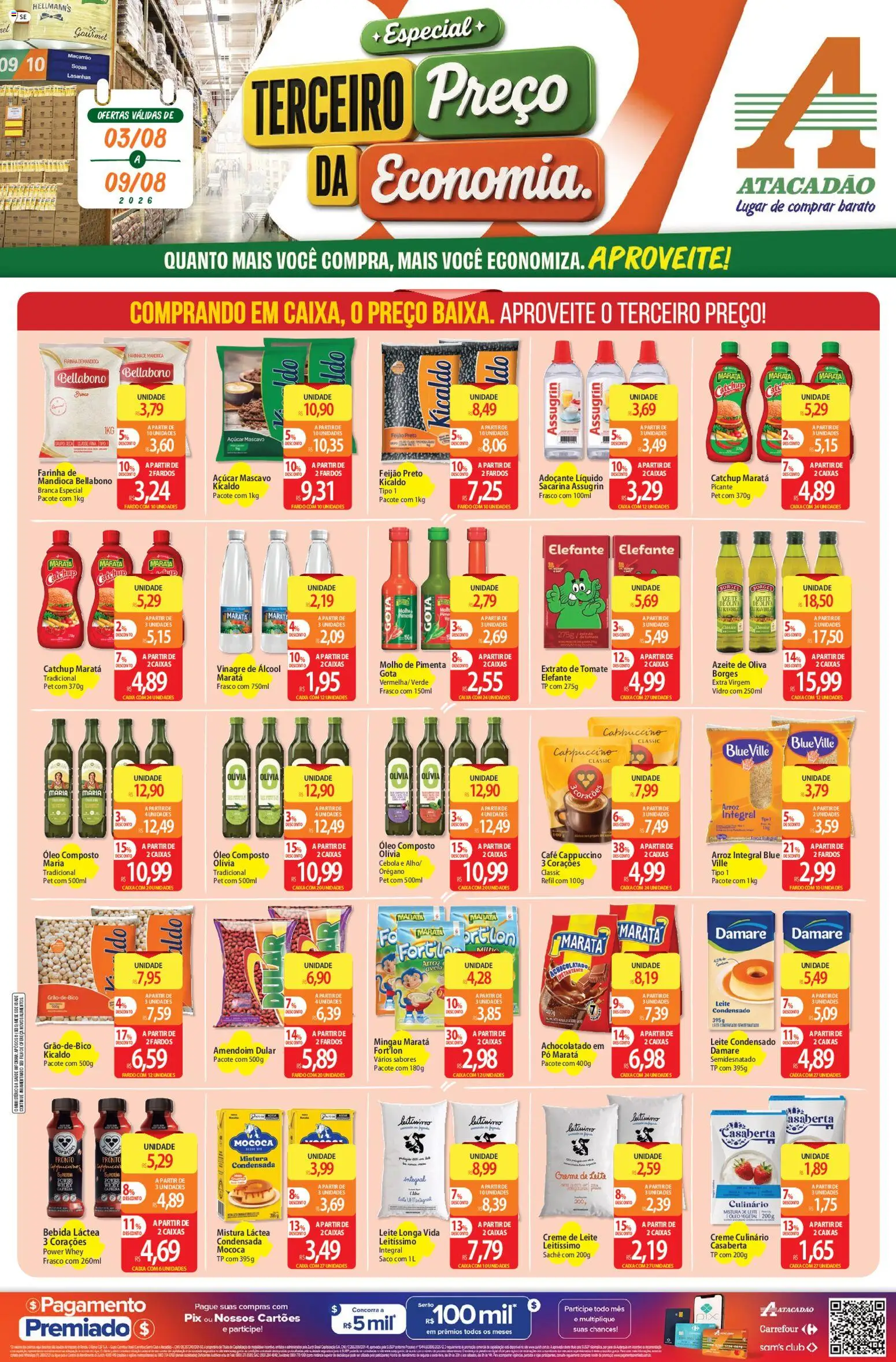 Pré-Visualização do folheto "Atacadão - Ofertas da semana" da loja Atacadão válido a partir de 03/08/2026 - Café, Leite condensado, Bebida, Azeite, Tomate, Creme de leite, Pó, Orégano