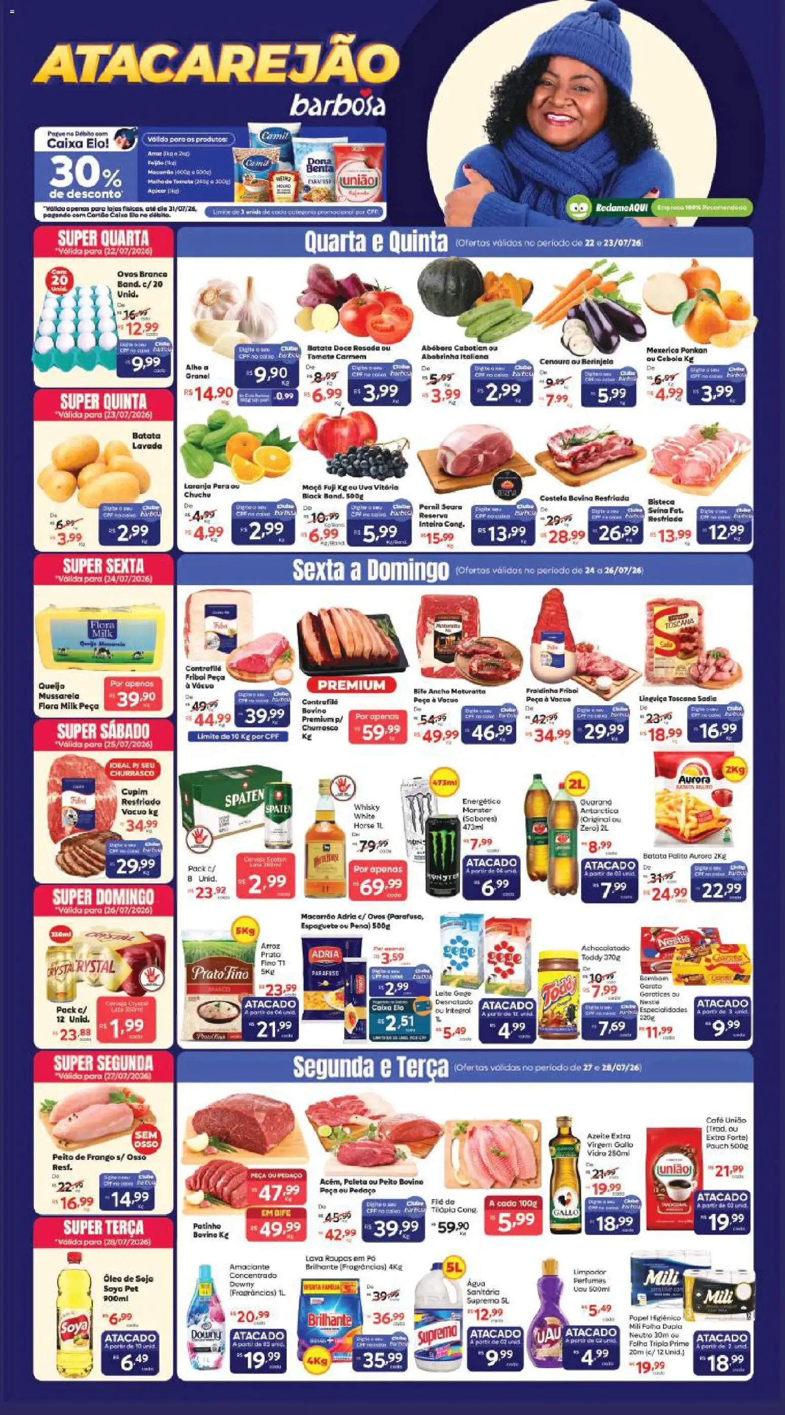Pré-Visualização do folheto "Barbosa Supermercados ofertas Atacarejão" da loja Barbosa Supermercados válido a partir de 22/07/2026 - Caixa, Óleo, Arroz, Abóbora, Batata, Cenoura, Fraldinha, Cabo