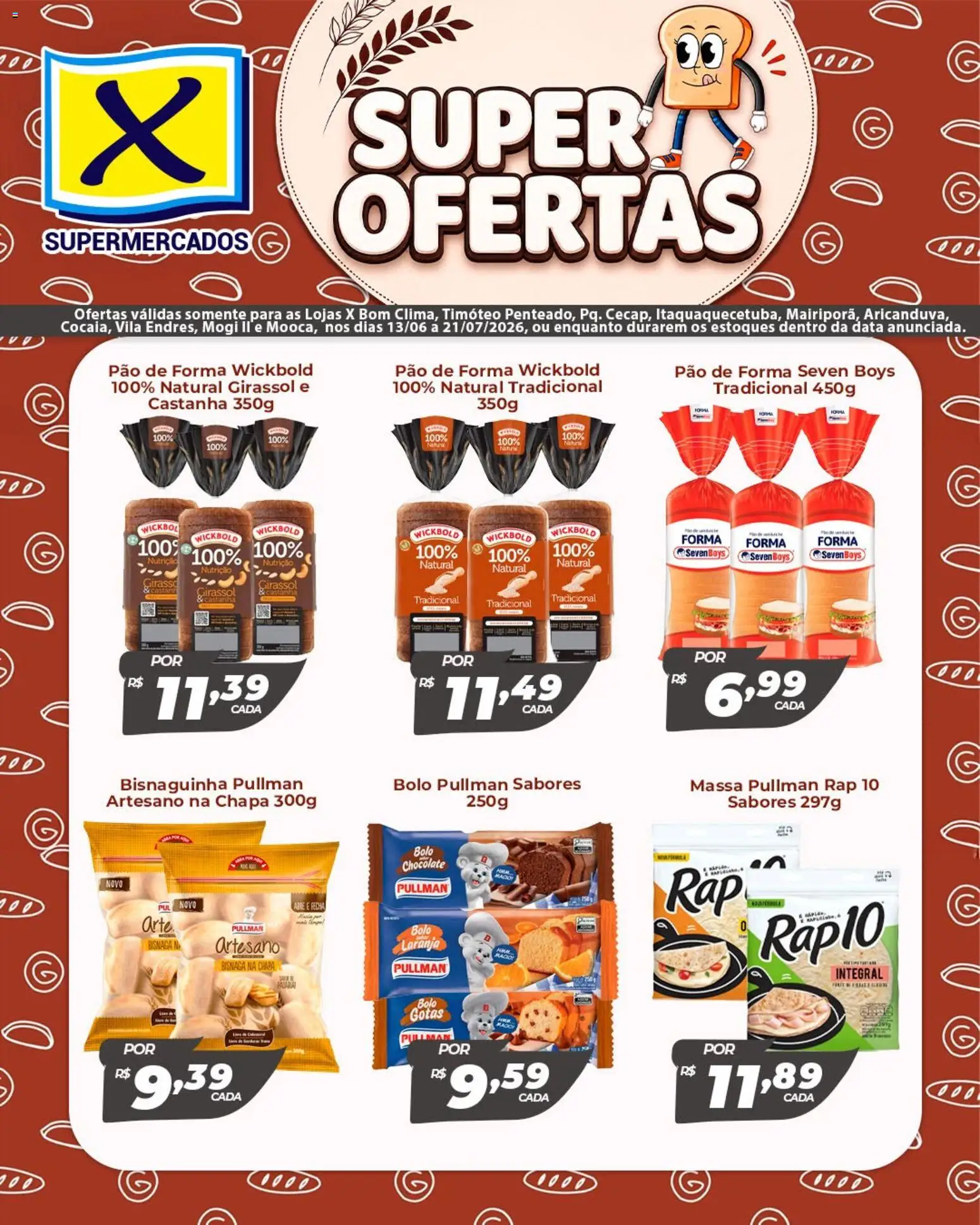 Pré-Visualização do folheto "X Supermercados ofertas Fresquinhas" da loja X Supermercados válido a partir de 13/06/2026 - Bolo, Chocolate, Pão, Massa, Pão de forma
