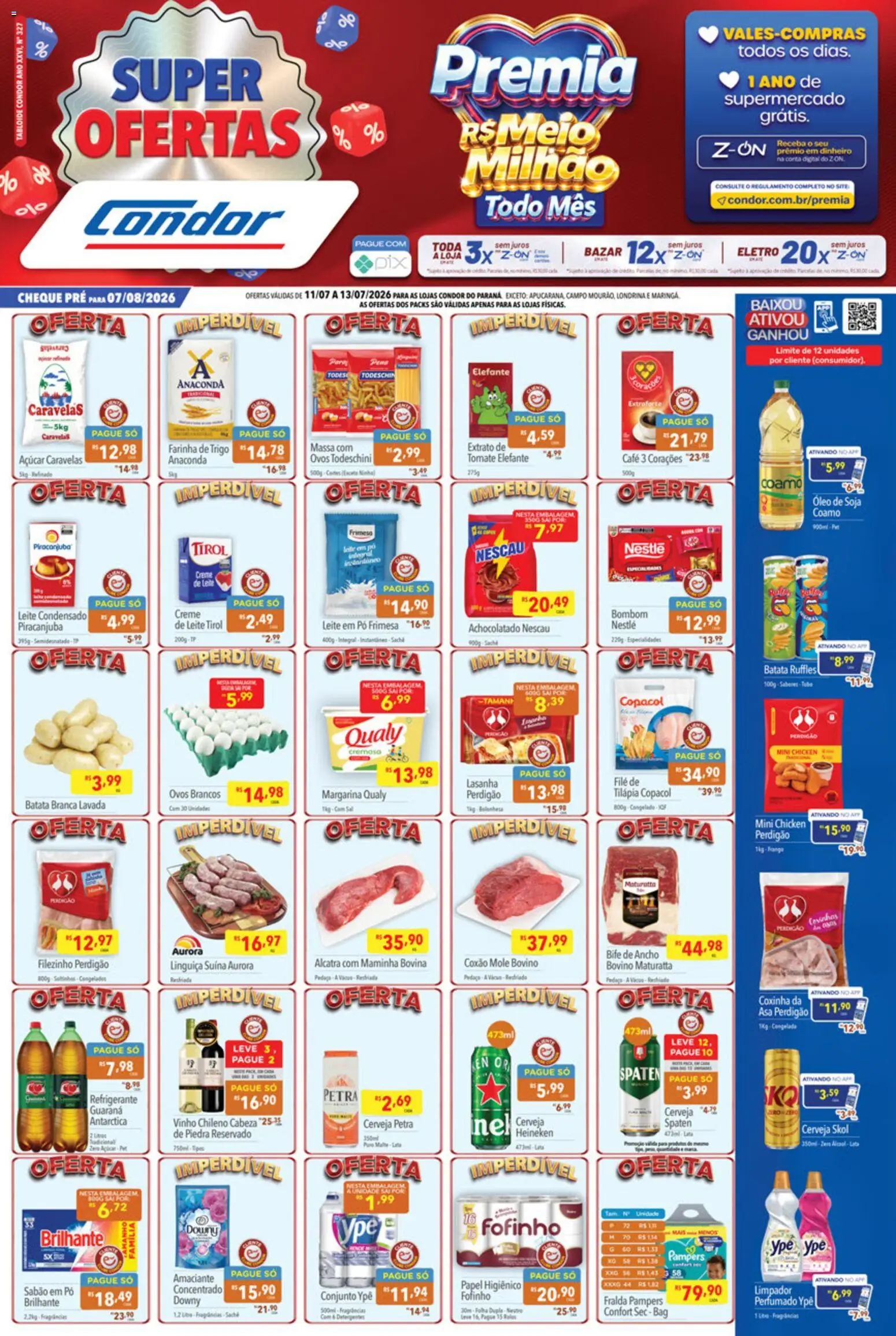 Pré-Visualização do folheto "Supermercados Condor ofertas FDS" da loja Supermercados Condor válido a partir de 11/07/2026 - Leite condensado, Lasanha, Leite, Pampers, Bombom, Leite em pó, Guaraná, Sabão