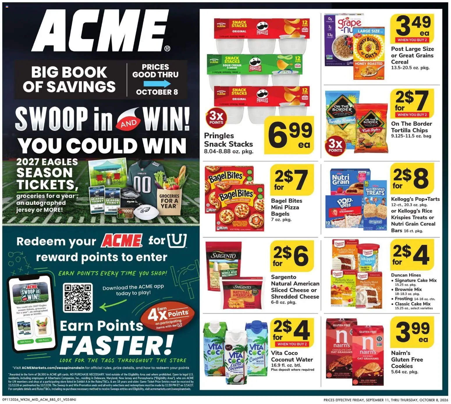 Ad Preview of Acme Acme Big Book of Savings from 09/11/2026 - Pizza, Game, Groceries, Cookies, Chips, Bag, Whole milk, Sliced cheese