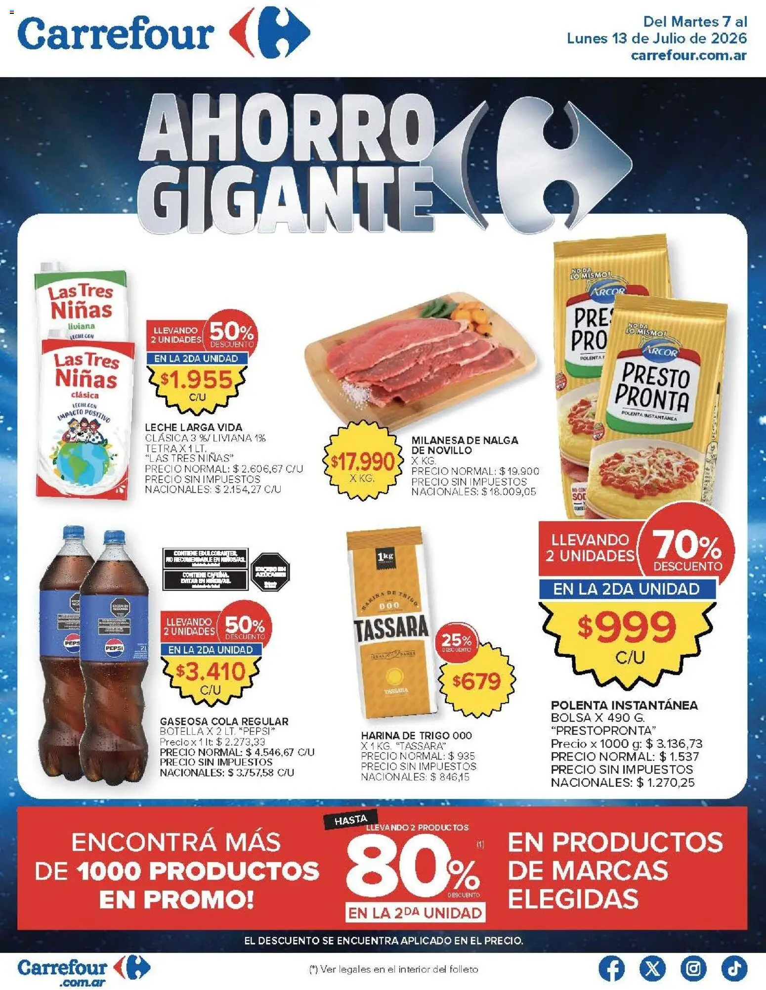 Vista previa del folleto de la tienda Carrefour válido desde el 07/07/2026 - Milanesa, Bolsa, Pepsi, Polenta, Harina, Leche, Botella, Gaseosa