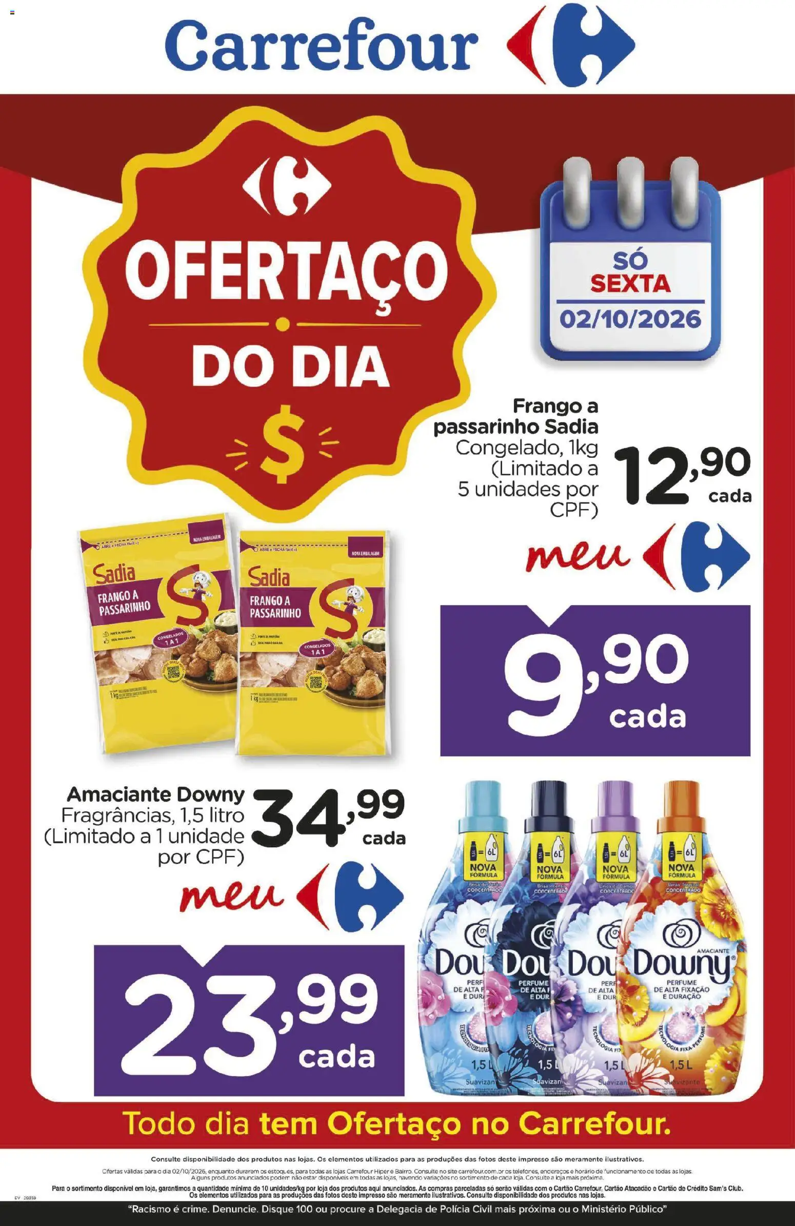 Pré-Visualização do folheto "Carrefour ofertas do Dia" da loja Carrefour válido a partir de 02/10/2026 - Perfume, Amaciante downy, Frango, Amaciante