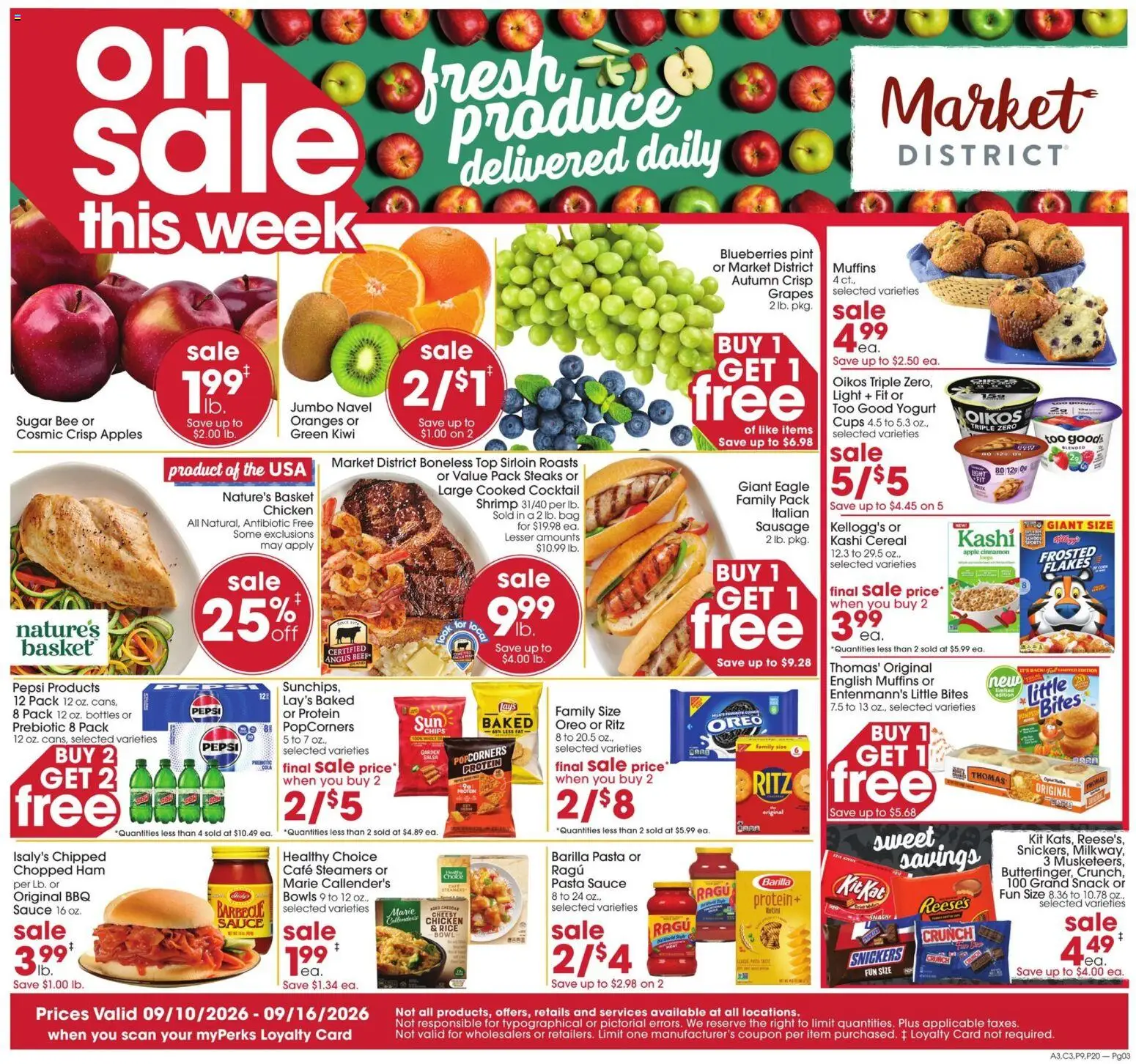 Ad Preview of Giant Eagle Giant Eagle Weekly Ad from 09/10/2026 - Apples, Oranges, Cereal, Sausage, Beef, Basket, Snickers, Sauce