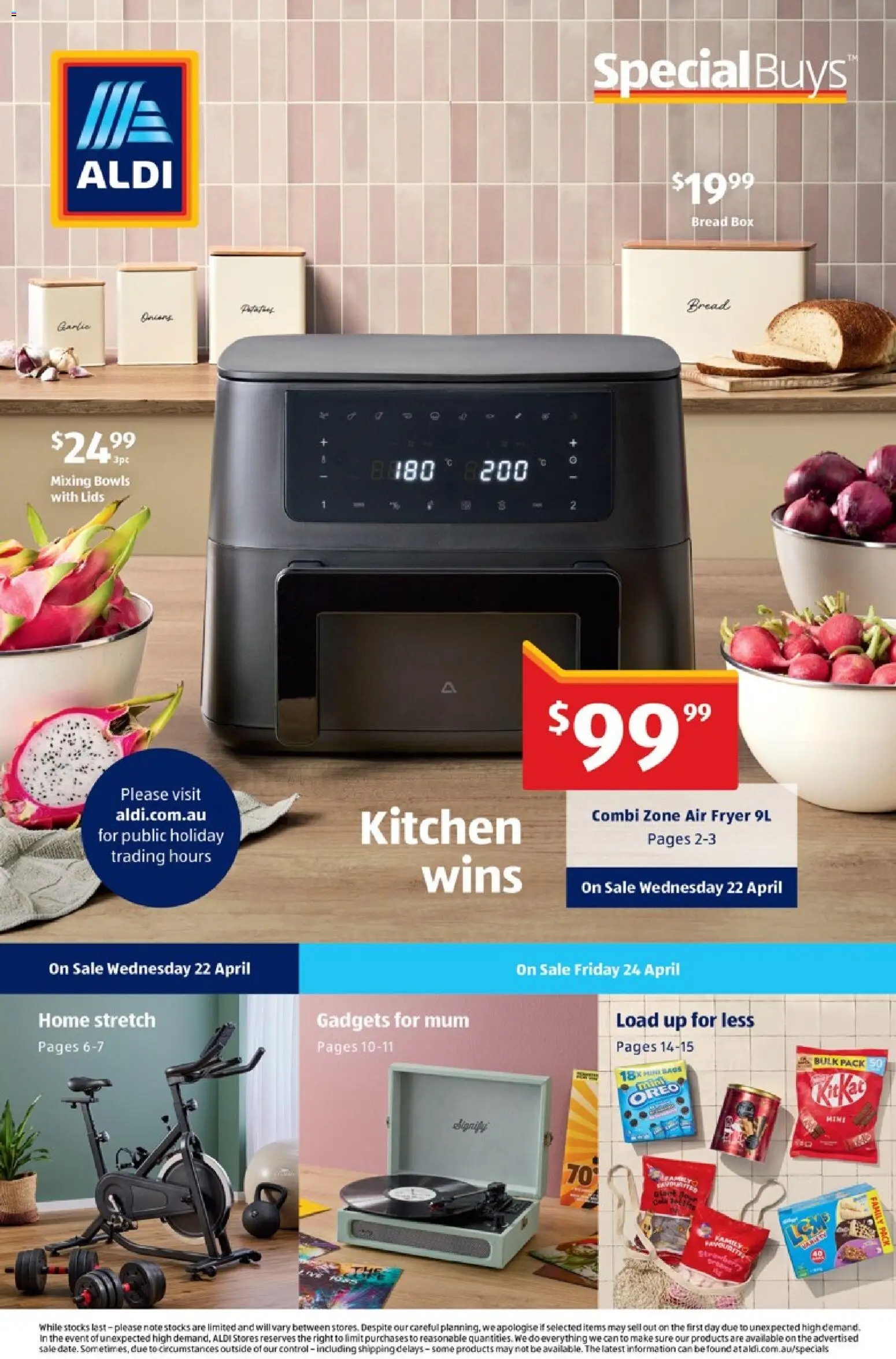 Preview of catalogue Aldi catalogue from shop Aldi valid 15/04/2026 - Box, Fryer, Bread, Oreo, Lids