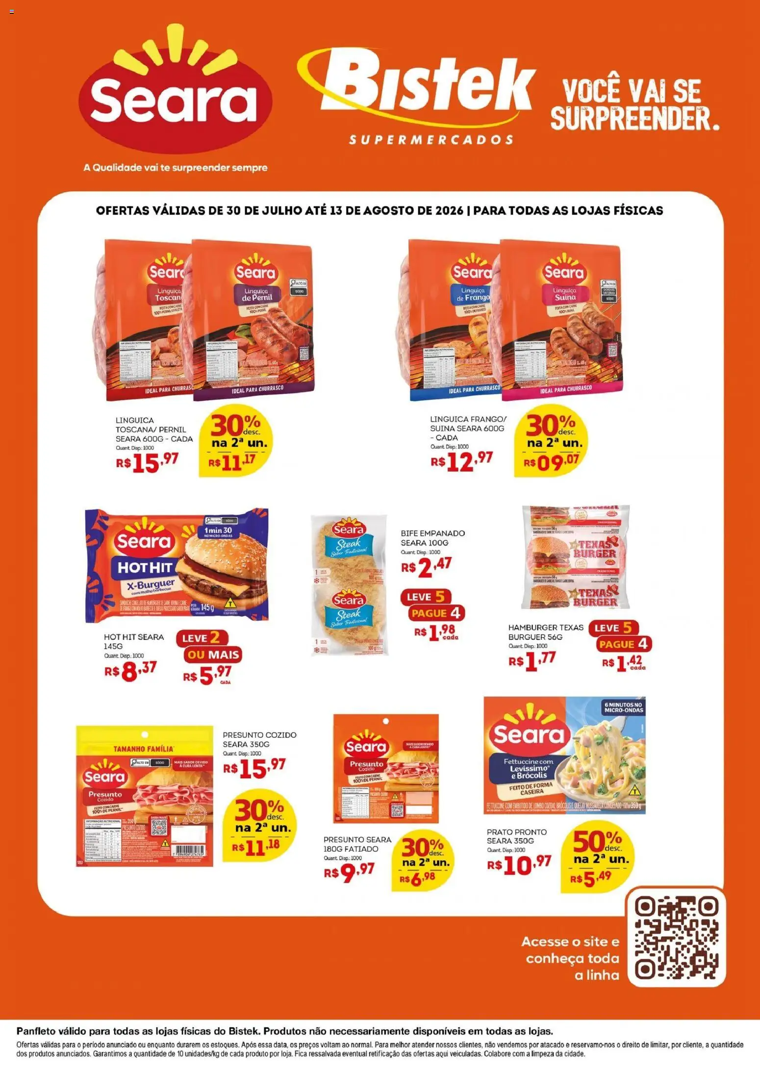 Pré-Visualização do folheto "Bistek Supermercados ofertas Seara" da loja Bistek Supermercados válido a partir de 30/07/2026 - Brócolis, Carne, Frango, Mussarela, Linguiça, Pernil, Presunto, Lombo