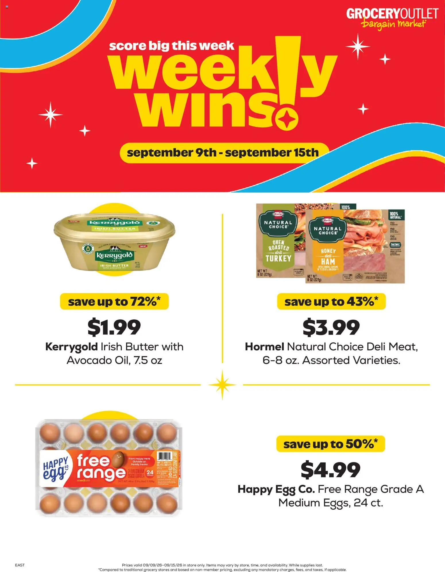 Ad Preview of Grocery Outlet Grocery Outlet Weekly Ad from 09/09/2026 - Eggs, Avocado, Butter, Oil, Hammer, Oven, Avocado oil, Medium eggs
