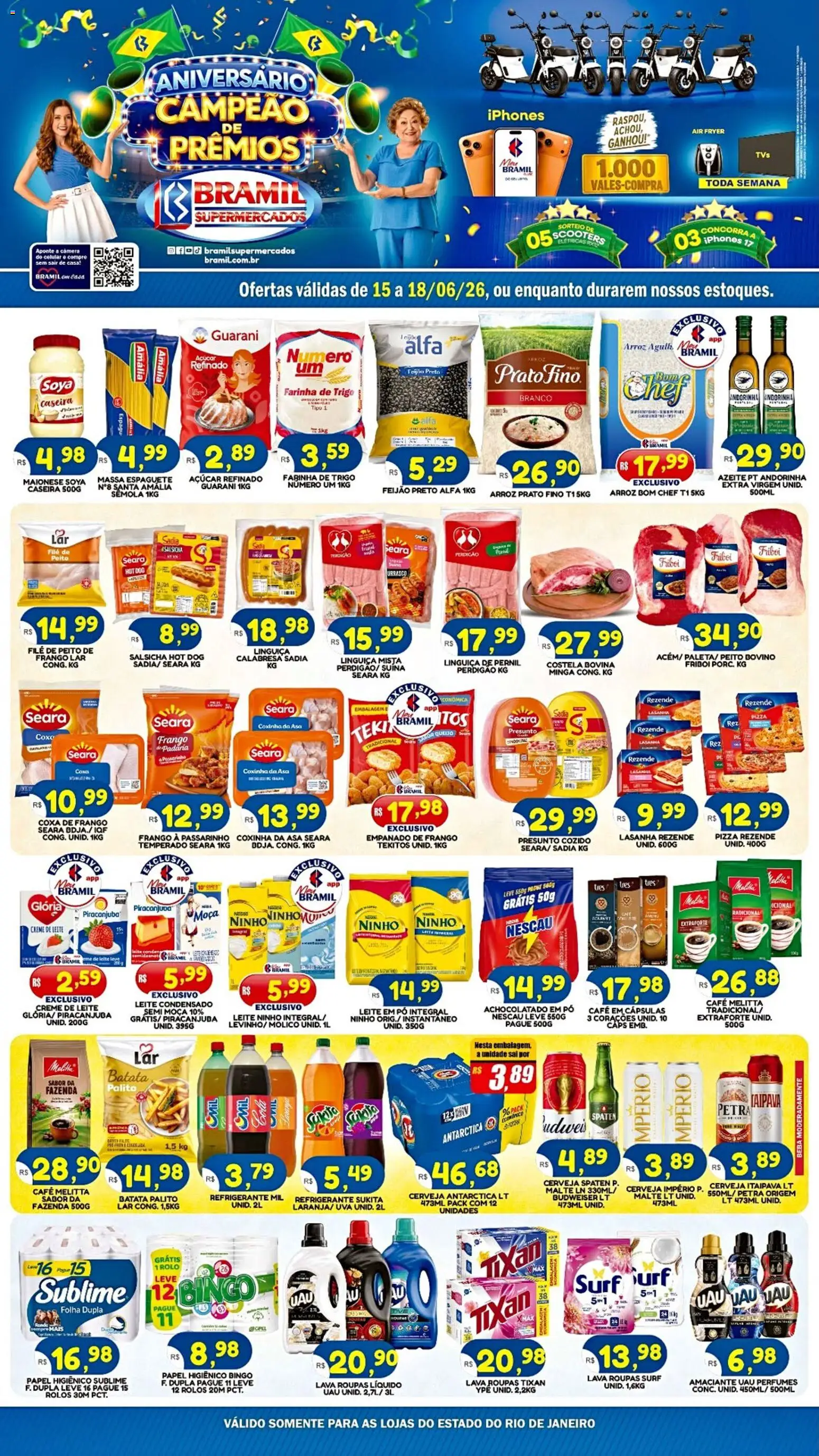 Pré-Visualização do folheto "Bramil Supermercados - Ofertas da semana" da loja Bramil Supermercados válido a partir de 15/06/2026 - Roupas, Leite condensado, Nescau, Leite em pó, Peito de frango, Farinha de trigo, Linguiça, Farinha