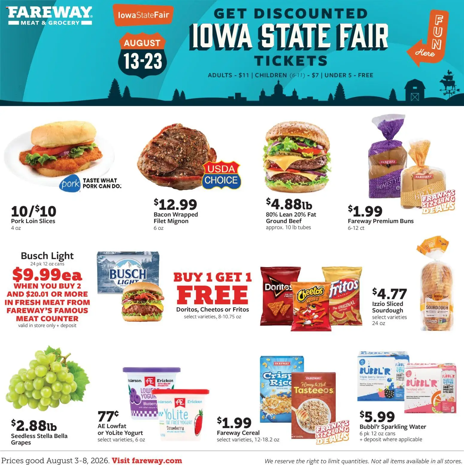 Ad Preview of Fareway Fareway Weekly Ad from 08/03/2026 - Water, Honey, Meat, Rice, Grapes, Ground beef, Pork, Filet