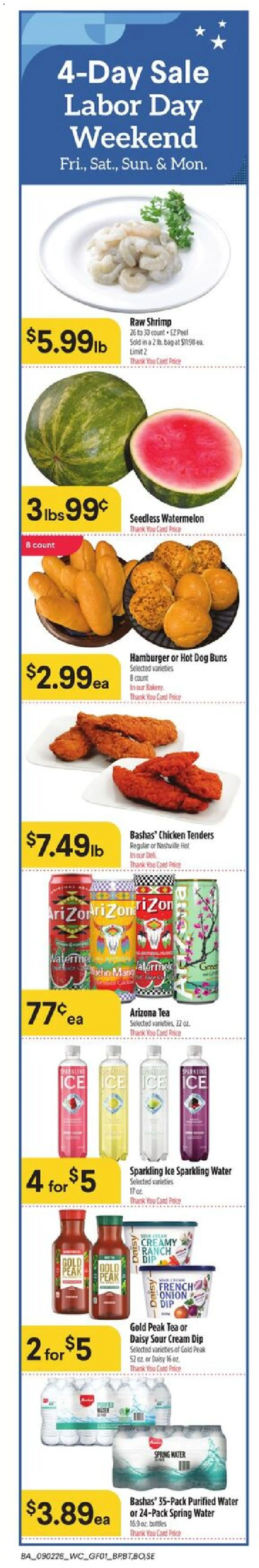 Ad Preview of Basha's Basha's Weekly Ad from 09/02/2026 - Water, Hamburger, Tea, Watermelon, Shrimp, Bag, Spring water, Chicken