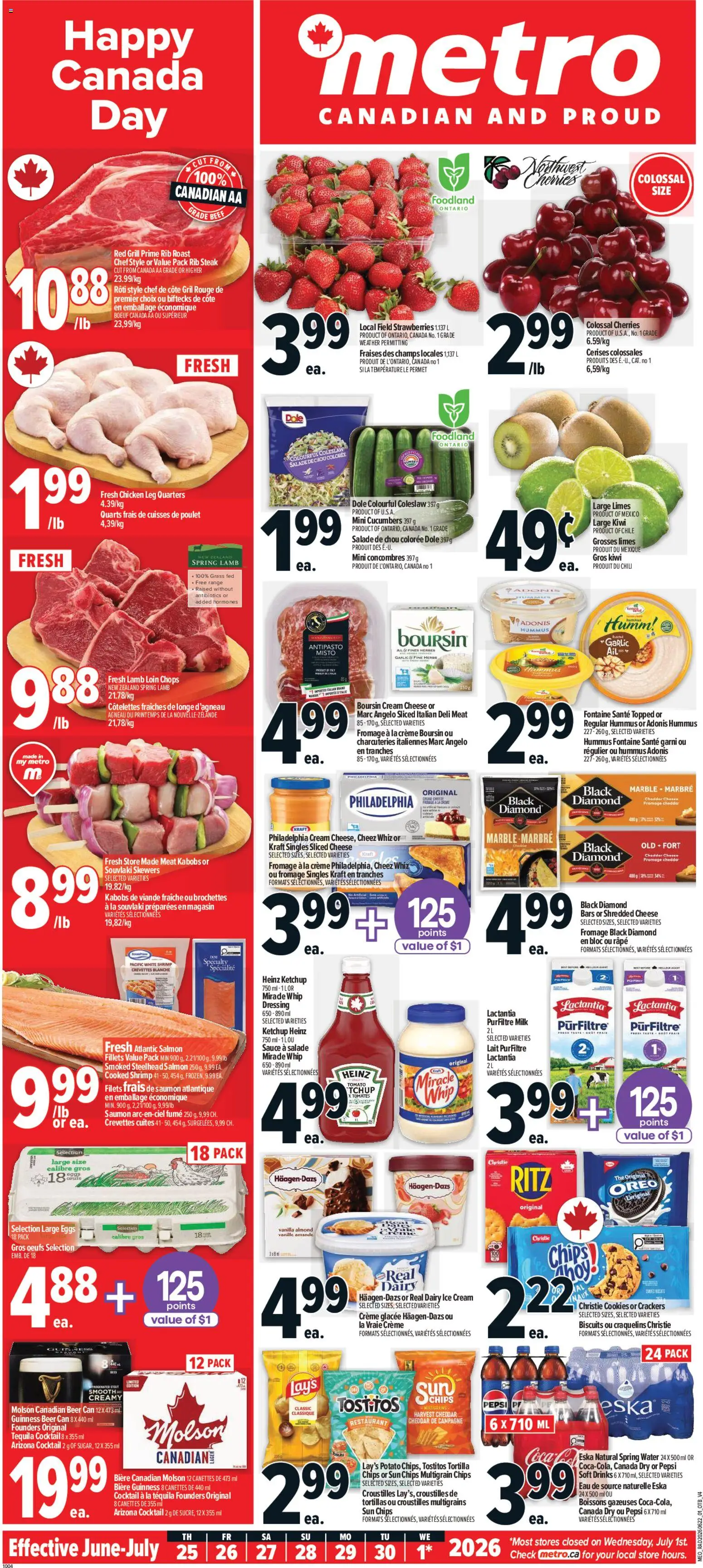 Preview of leaflet Metro weekly flyer - Trois-Pistoles from shop Metro is valid from Jun 25, 2026 - Chicken, Ice, Strawberries, Kiwi, Drinks, Biscuits, Beef, Ketchup