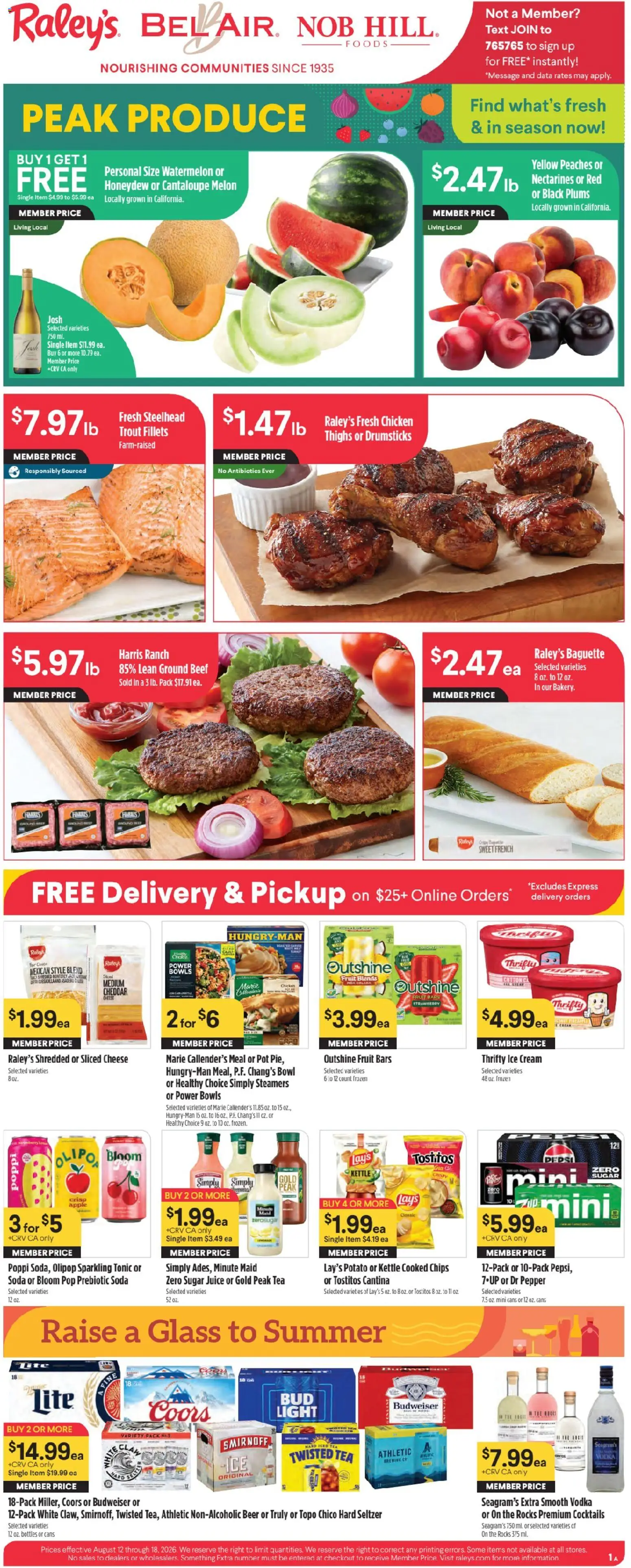 Ad Preview of Raley's Raley's Weekly Ad from 08/12/2026 - Ice, Plums, Beef, Chicken thighs, Trout, Baguette, Kettle, Tonic
