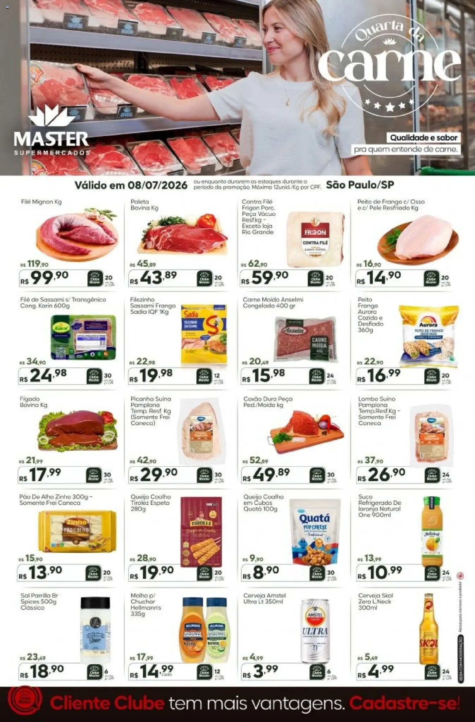 Pré-Visualização do folheto "Master ofertas do Dia" da loja Master válido a partir de 08/07/2026 - Sal, Picanha, Pão, Carne, Fígado, Pao de alho, Carne moída, Coxão duro
