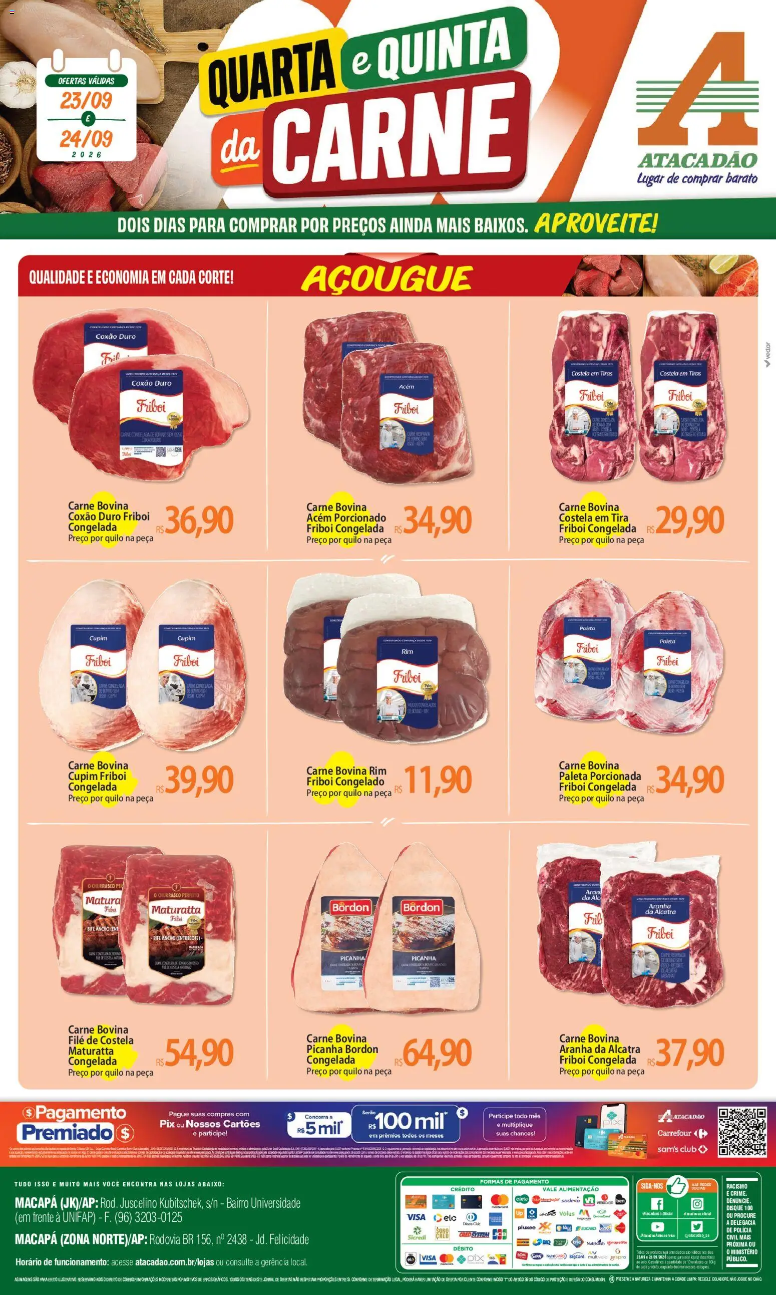 Pré-Visualização do folheto "Atacadão ofertas - AP" da loja Atacadão válido a partir de 23/09/2026 - Picanha, Carne, Bife ancho, Alcatra, Carne bovina, Coxão duro, Aranha da alcatra, Picanha Bordon