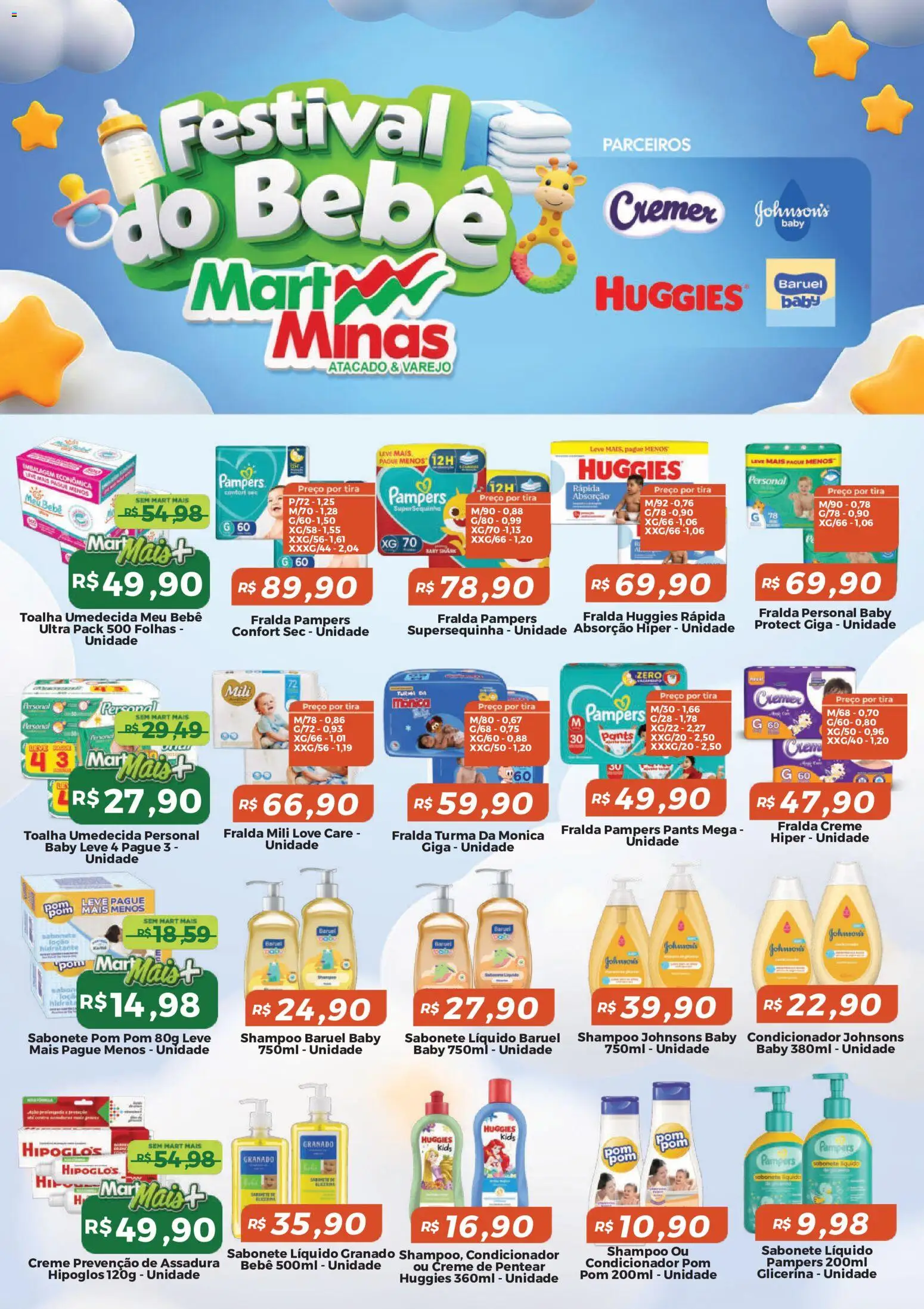Pré-Visualização do folheto "Mart Minas ofertas Festival do Bebê" da loja Mart Minas válido a partir de 30/07/2026 - Shampoo, Fralda pampers, Sabonete, Sabonete líquido, Hipoglós, Pampers, Condicionador, Toalha umedecida