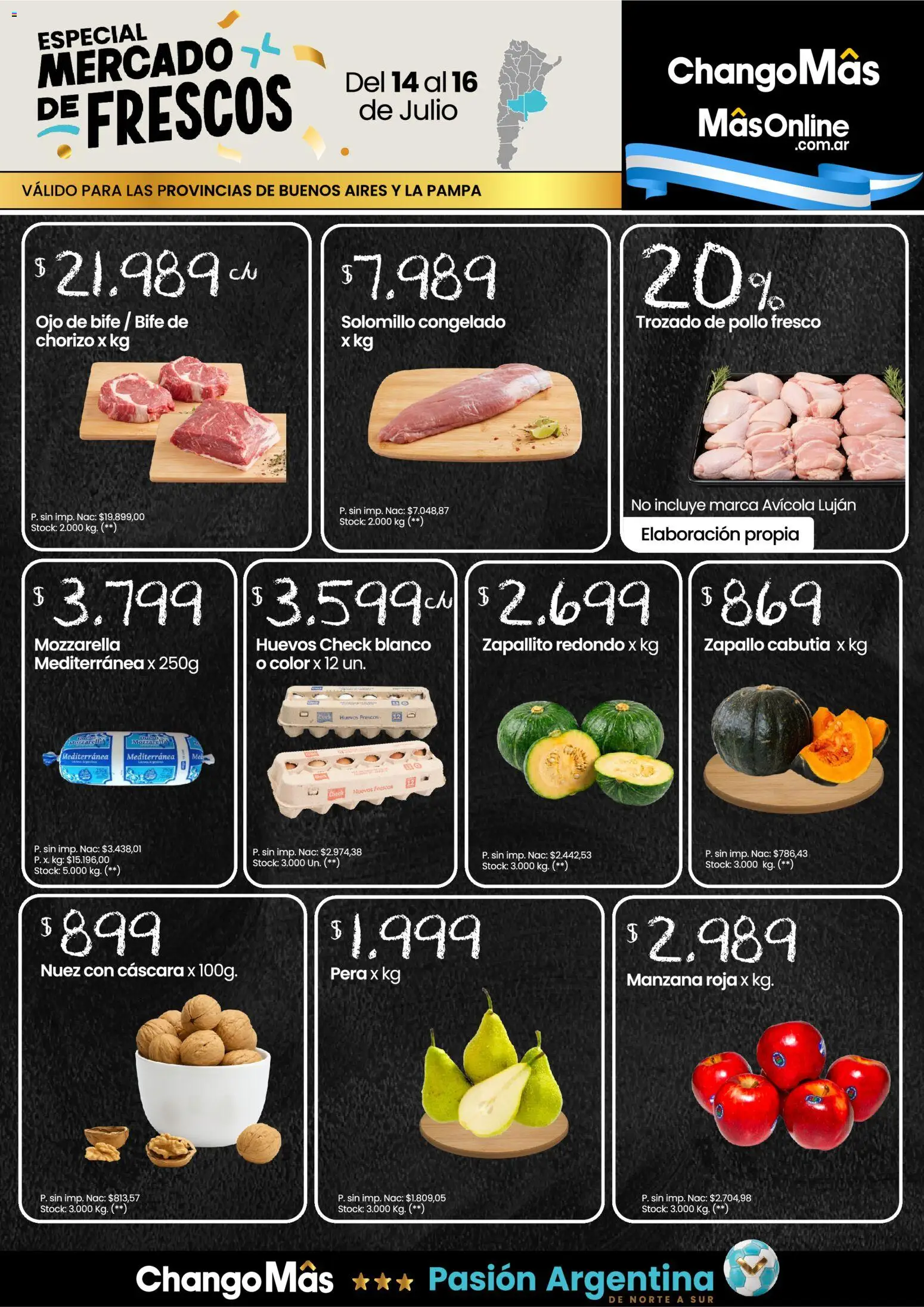 Vista previa del folleto de la tienda Changomas válido desde el 14/07/2026 - Zapallo, Manzana, Ojo de bife, Pera, Nuez, Mozzarella, Zapallito, Bife