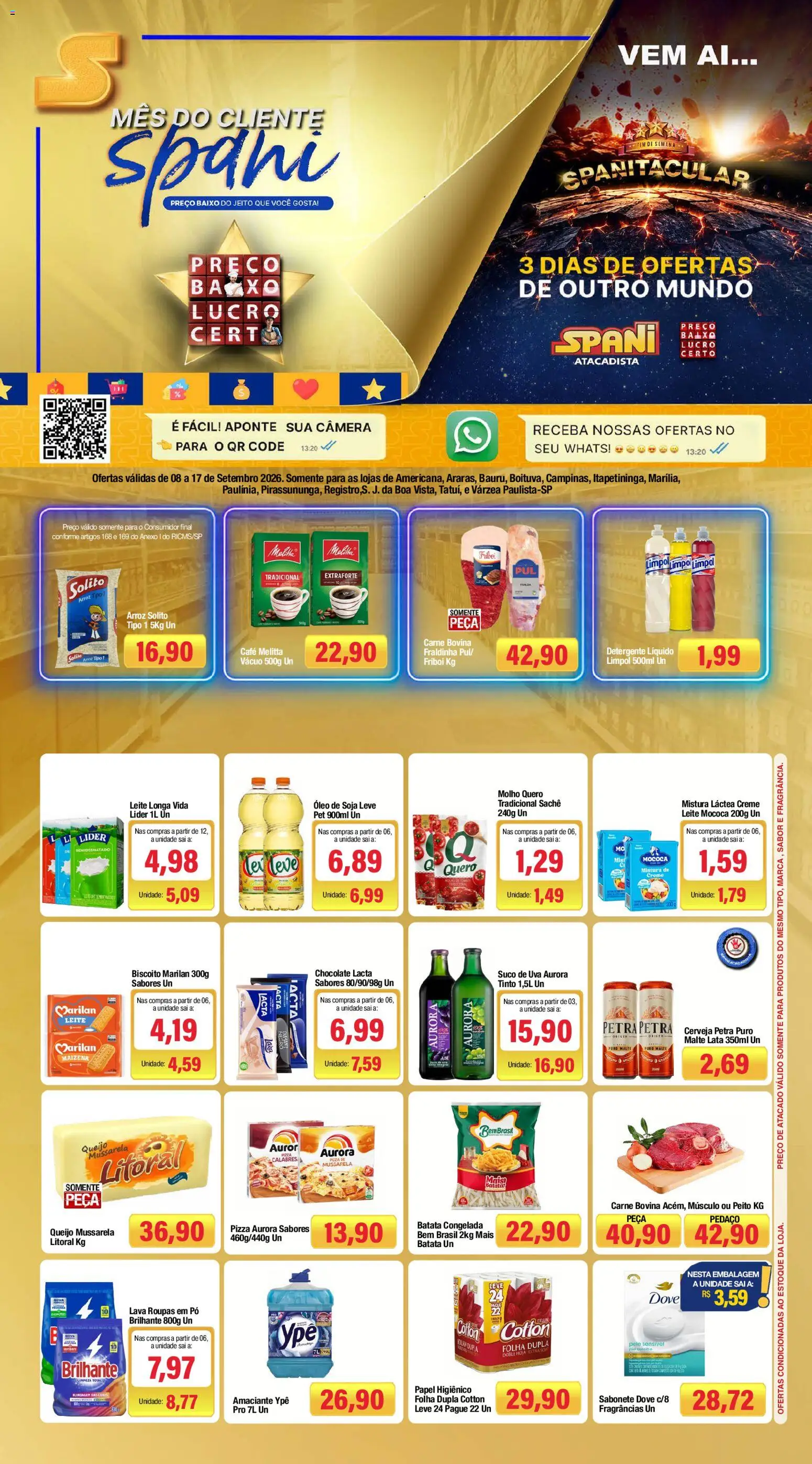 Pré-Visualização do folheto "Spani Atacadista - Ofertas da semana" da loja Spani Atacadista válido a partir de 08/09/2026 - Roupas, Óleo, Arroz, Biscoito, Queijo, Carne, Soja, Suco