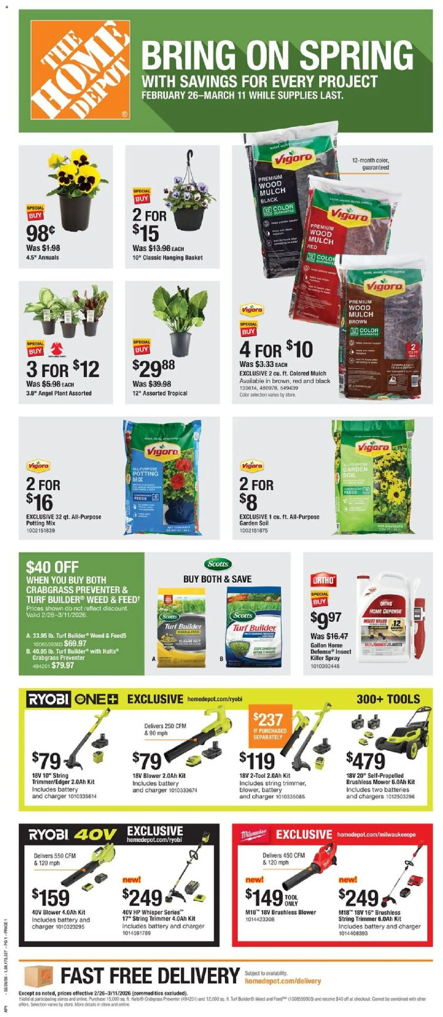 Ad Preview of Home Depot Local Ad - GA from 02/26/2026 - Charger, Battery, Tools, Ryobi, Trimmer, Mower, Garden soil, String trimmer