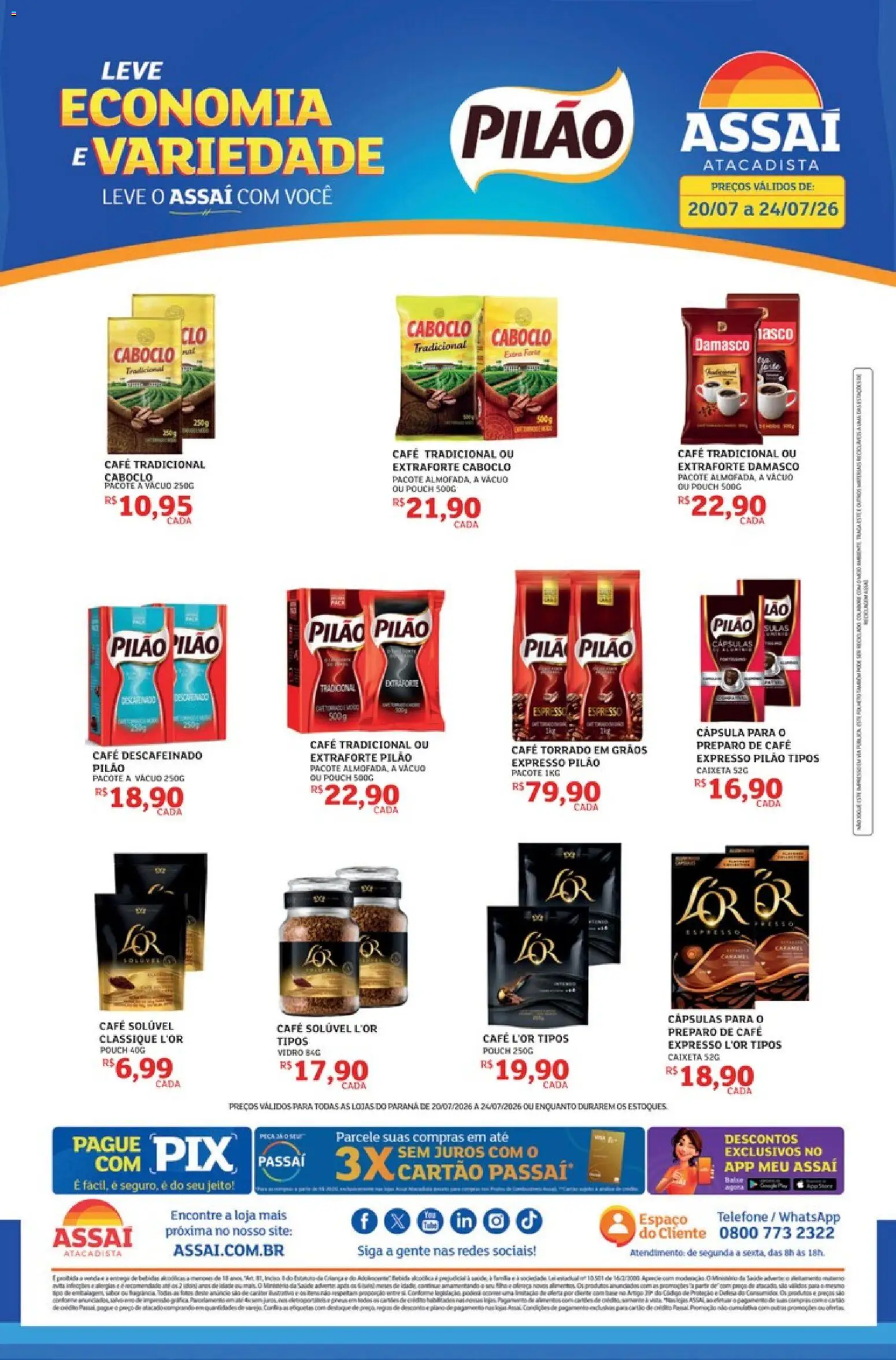 Pré-Visualização do folheto "Assaí Atacadista ofertas - PR" da loja Assaí Atacadista válido a partir de 20/07/2026 - Café, Telefone, Bebida, Damasco, Café descafeinado, Cápsulas, Café solúvel