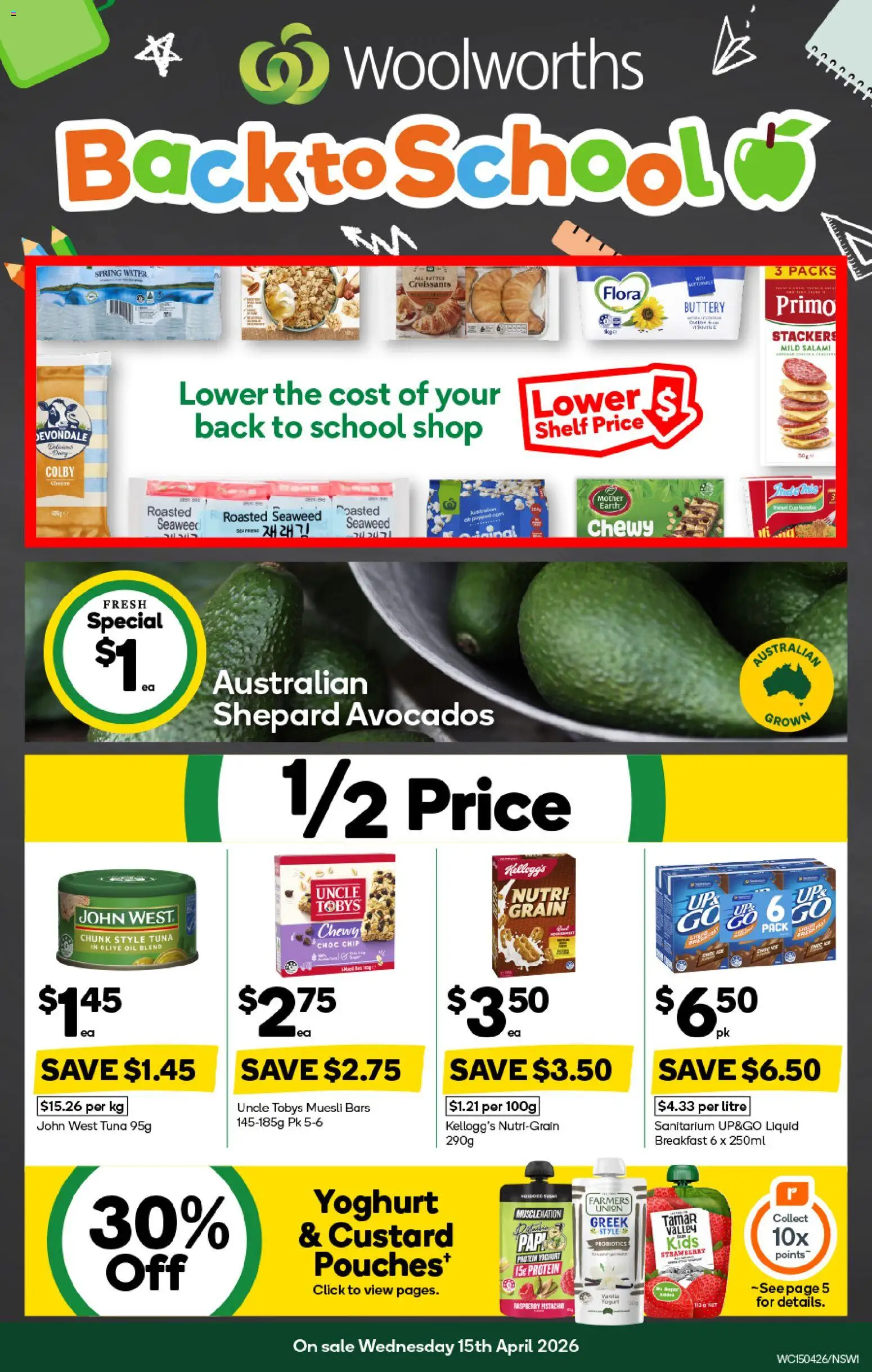 Preview of catalogue Woolworths catalogue from shop Woolworths valid 15/04/2026 - Shelf, Spring water, Yoghurt, Salami, Probiotics, Water, Tuna, Raspberry
