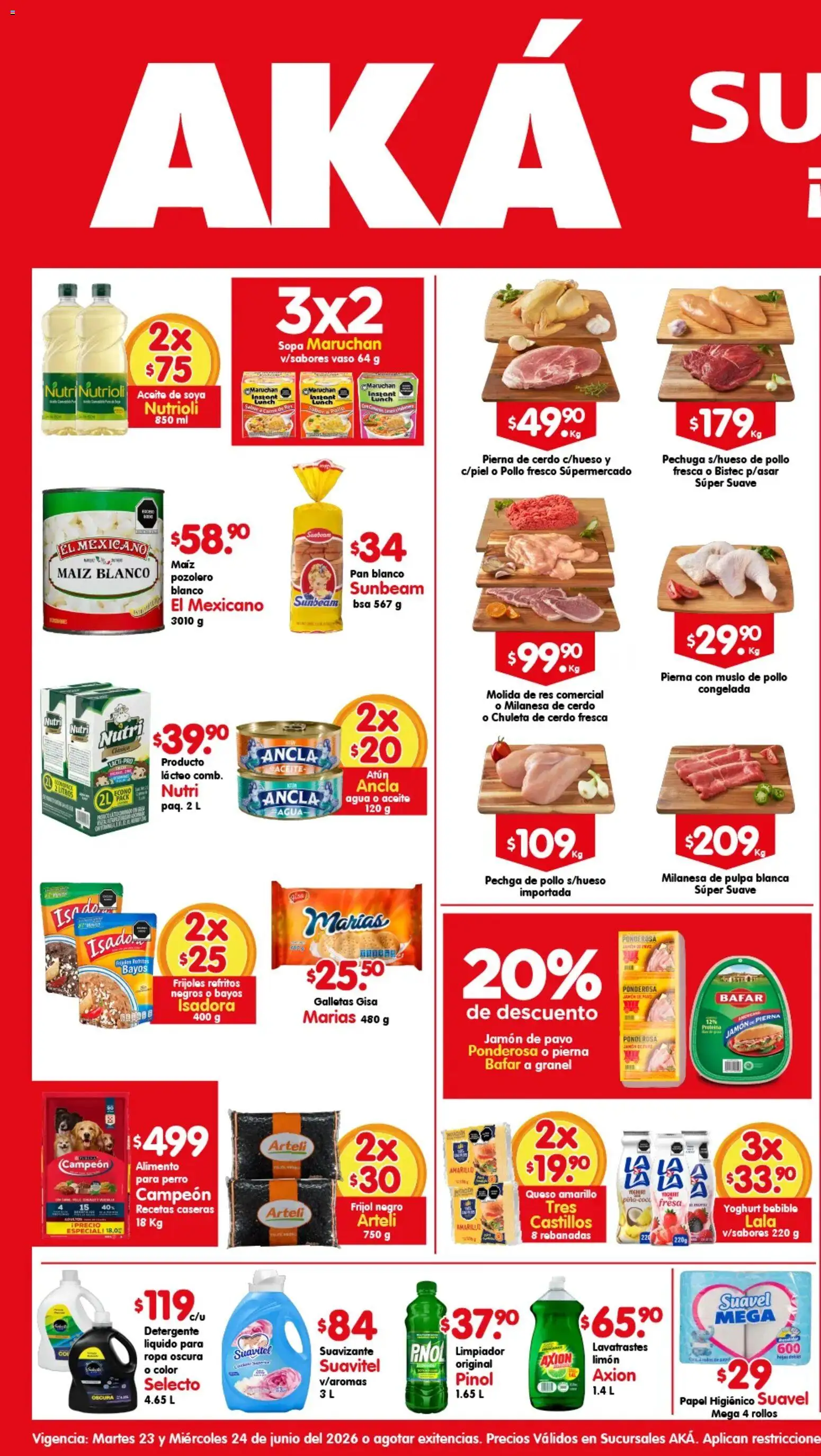 Vista previa las ofertas de la tienda Arteli - Arteli folleto Aká Super Bodega desde el 23/06/2026 - Pollo, Pan, Papel higiénico, Atún, Pierna de cerdo, Chuleta, Carne de res, Detergente líquido