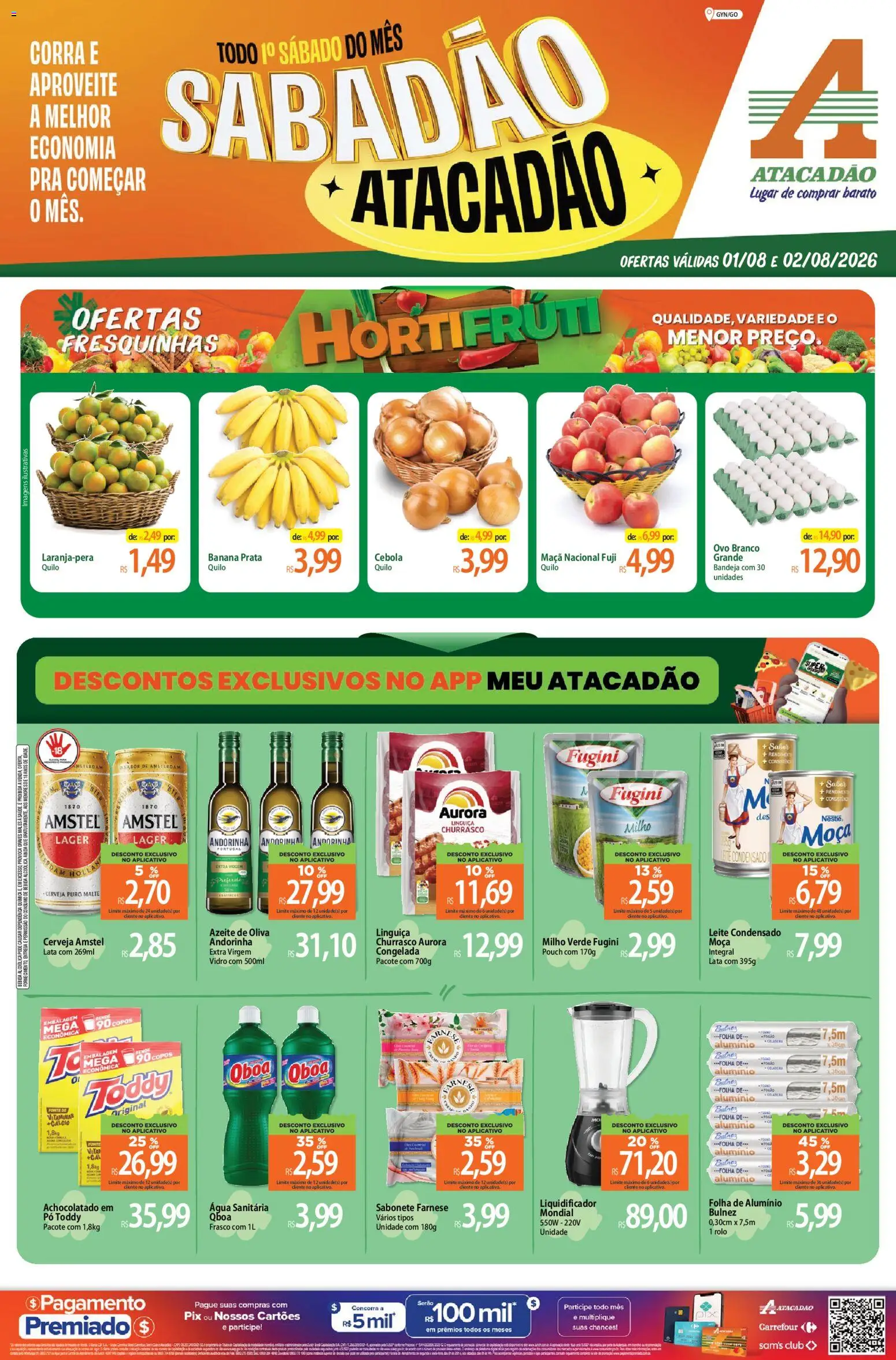 Pré-Visualização do folheto "Atacadão ofertas - GO" da loja Atacadão válido a partir de 01/08/2026 - Sabonete, Azeite, Copos, Azeite de oliva, Linguiça, Achocolatado, Cálcio, Rolo