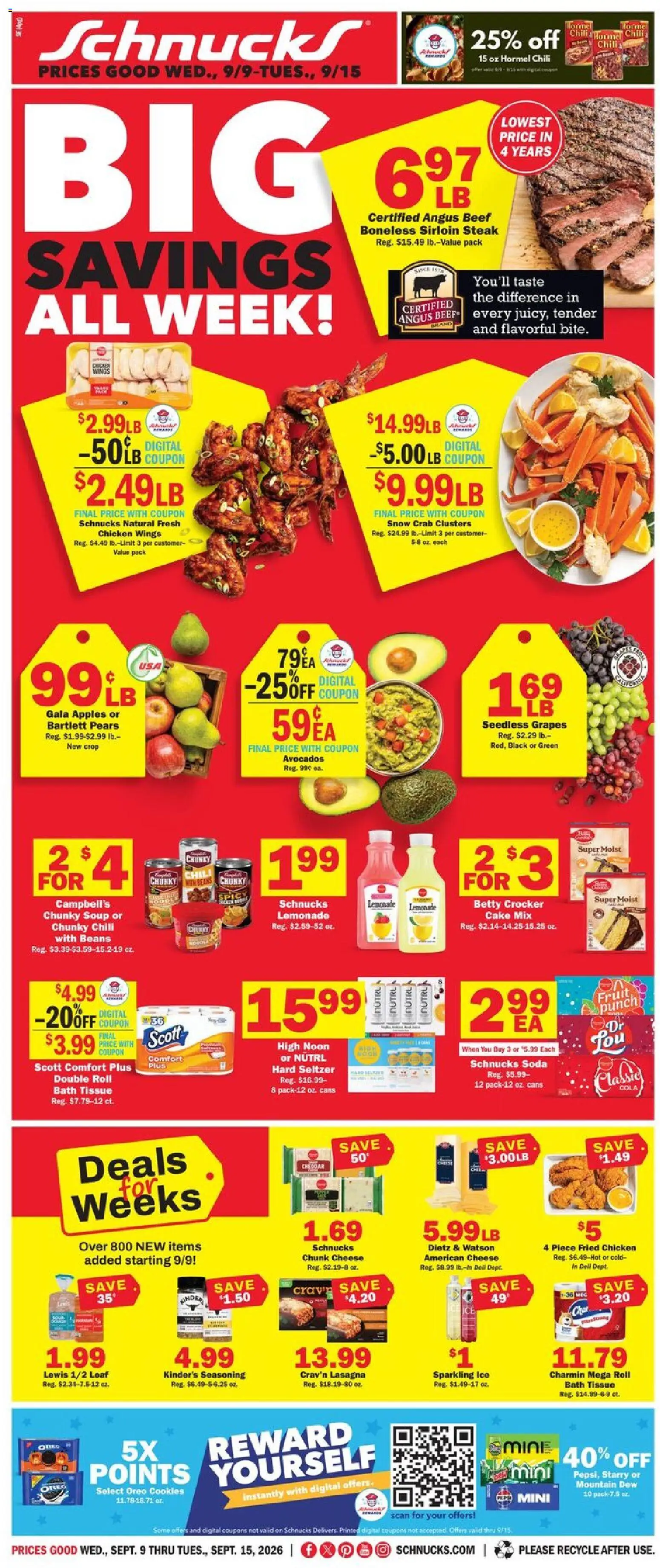 Ad Preview of Schnucks Schnucks Weekly Ad from 09/09/2026 - Cake, Steak, Lemonade, Oreo, Beans, Beef, Seedless grapes, Chicken