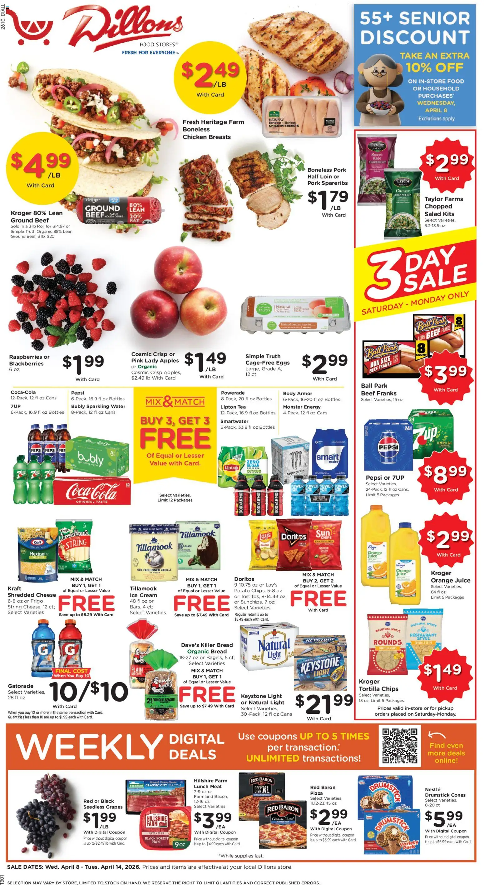 Ad Preview of Dillons Dillons Weekly Ad from 04/08/2026 - Pizza, Ice cream, Lemon, Pepsi, Grapes, Pork, Cream, Organic bread