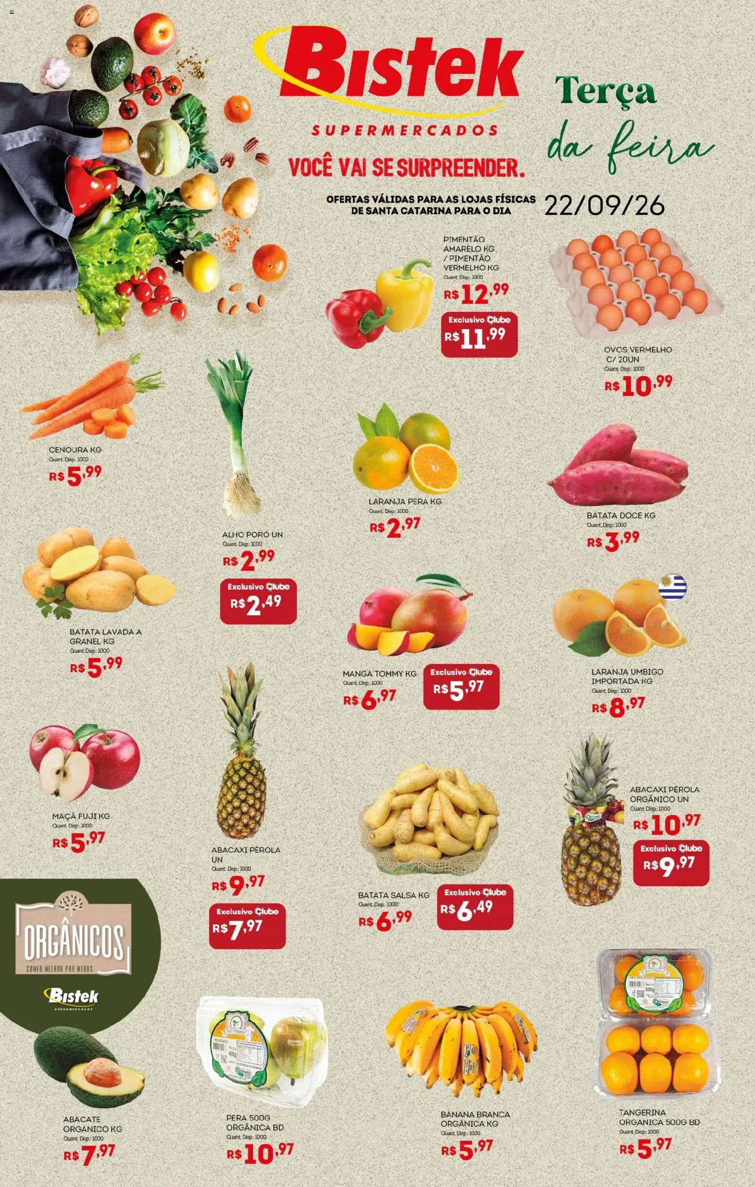 Pré-Visualização do folheto "Bistek Supermercados ofertas Hortifruti" da loja Bistek Supermercados válido a partir de 22/09/2026 - Manga, Ovos, Doce, Batata, Pera, Cenoura, Alho, Pimentão