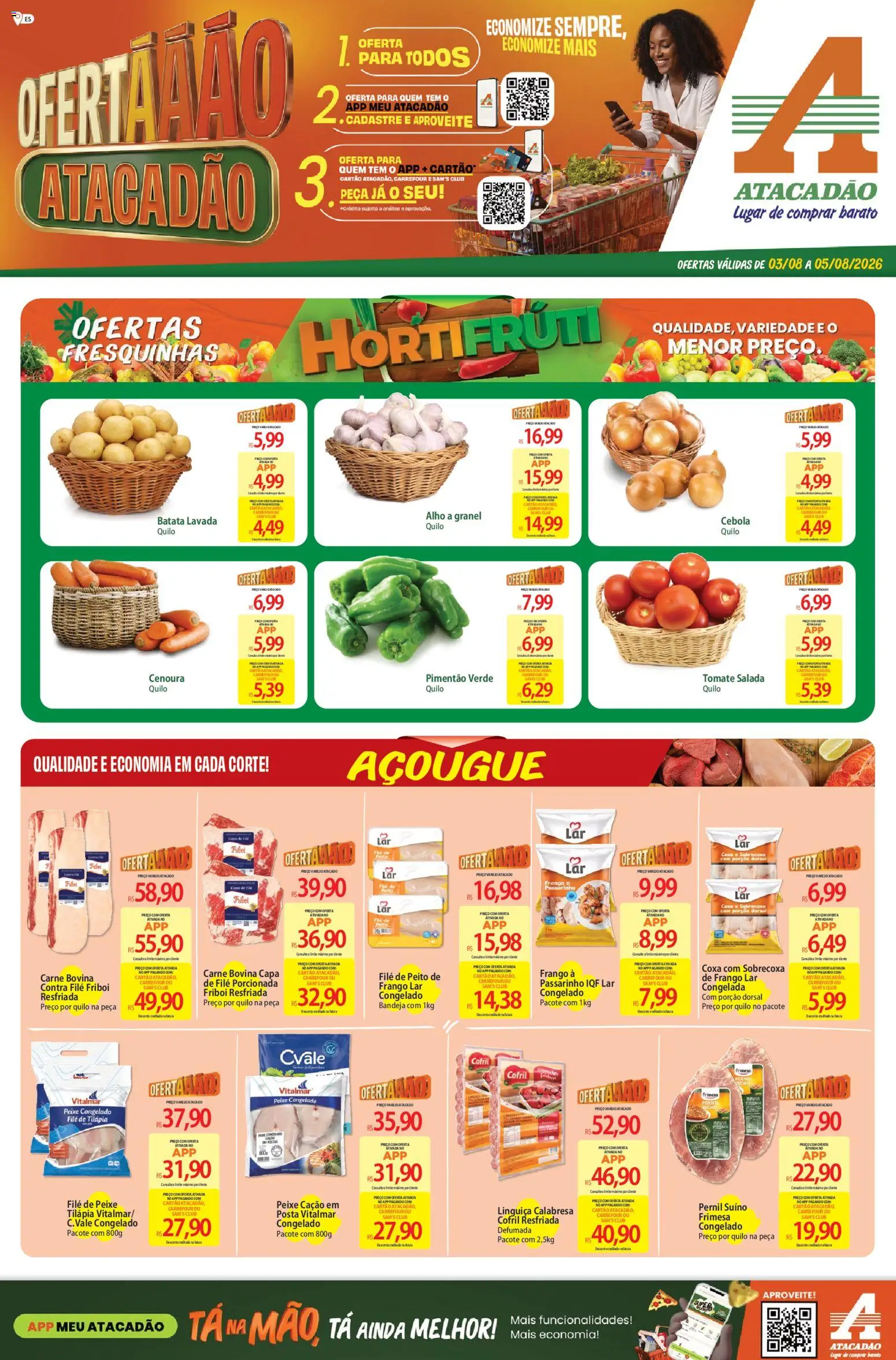 Pré-Visualização do folheto "Atacadão ofertas - ES" da loja Atacadão válido a partir de 03/08/2026 - Leite, Batata, Frango, Tomate, Salada, Linguiça, Pimentão, Filé de peixe