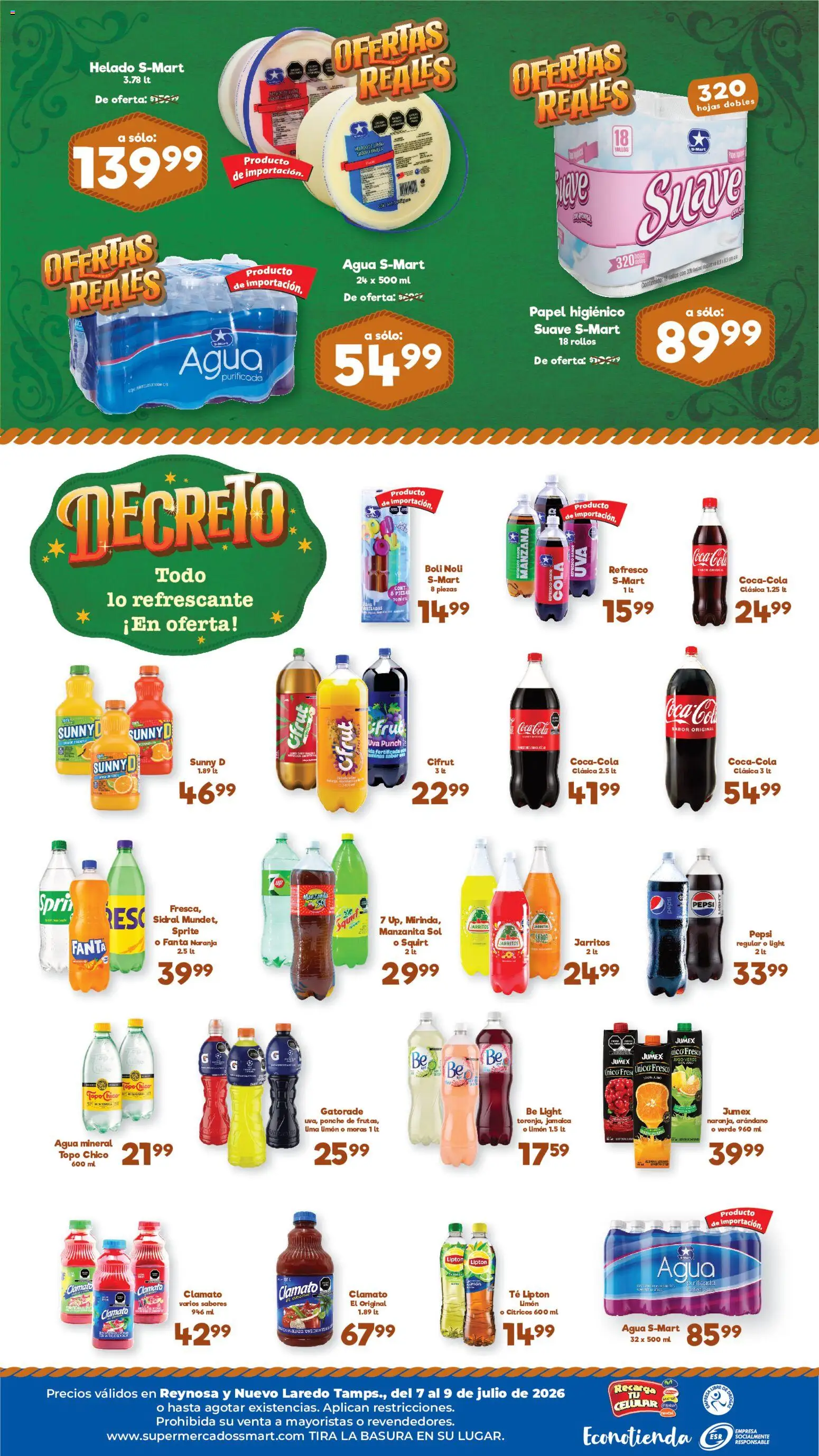 Vista previa las ofertas de la tienda S-Mart - S-Mart folleto Ofertas de feria Nuevo Laredo desde el 07/07/2026 - Agua, Té, Limón, Uva, Papel higiénico, Agua mineral, Sprite, Fanta