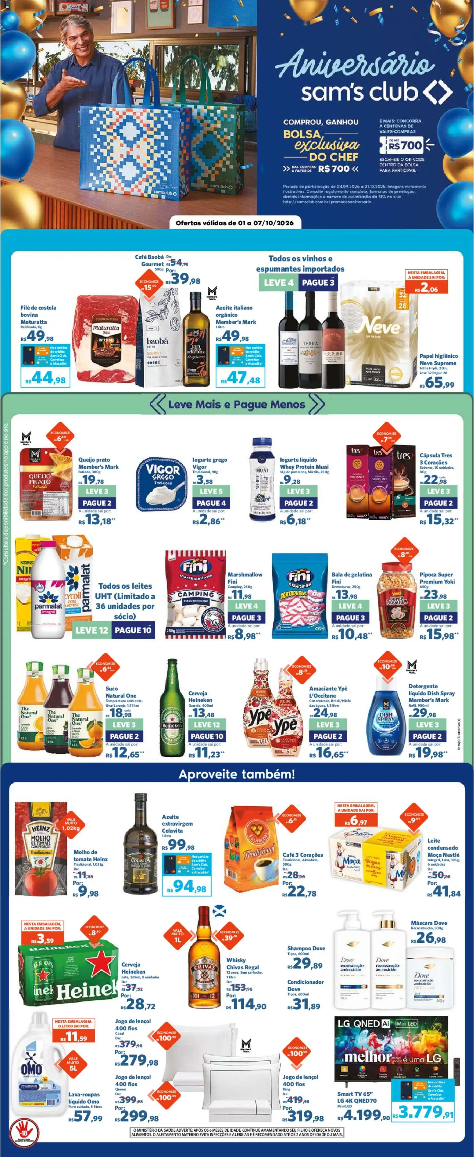 Pré-Visualização do folheto "Sam's Club - Ofertas da semana" da loja Sam's Club válido a partir de 01/10/2026 - Whey protein, Shampoo, Bolsa, smart TV, Detergente, Amaciante, Condicionador, Filé de costela