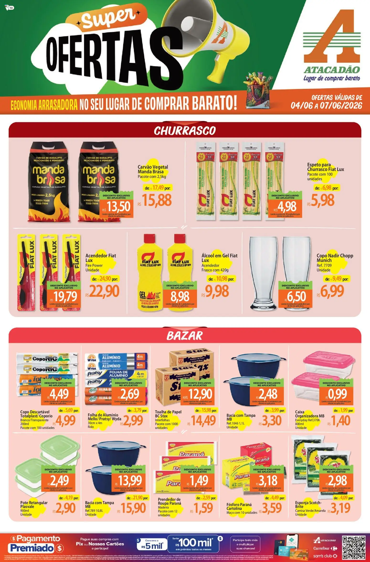 Pré-Visualização do folheto "Atacadão ofertas - RJ" da loja Atacadão válido a partir de 04/06/2026 - Caixa, Camisa, Álcool, Carvão vegetal, Pó, Fósforo, Esponja, Álcool em gel