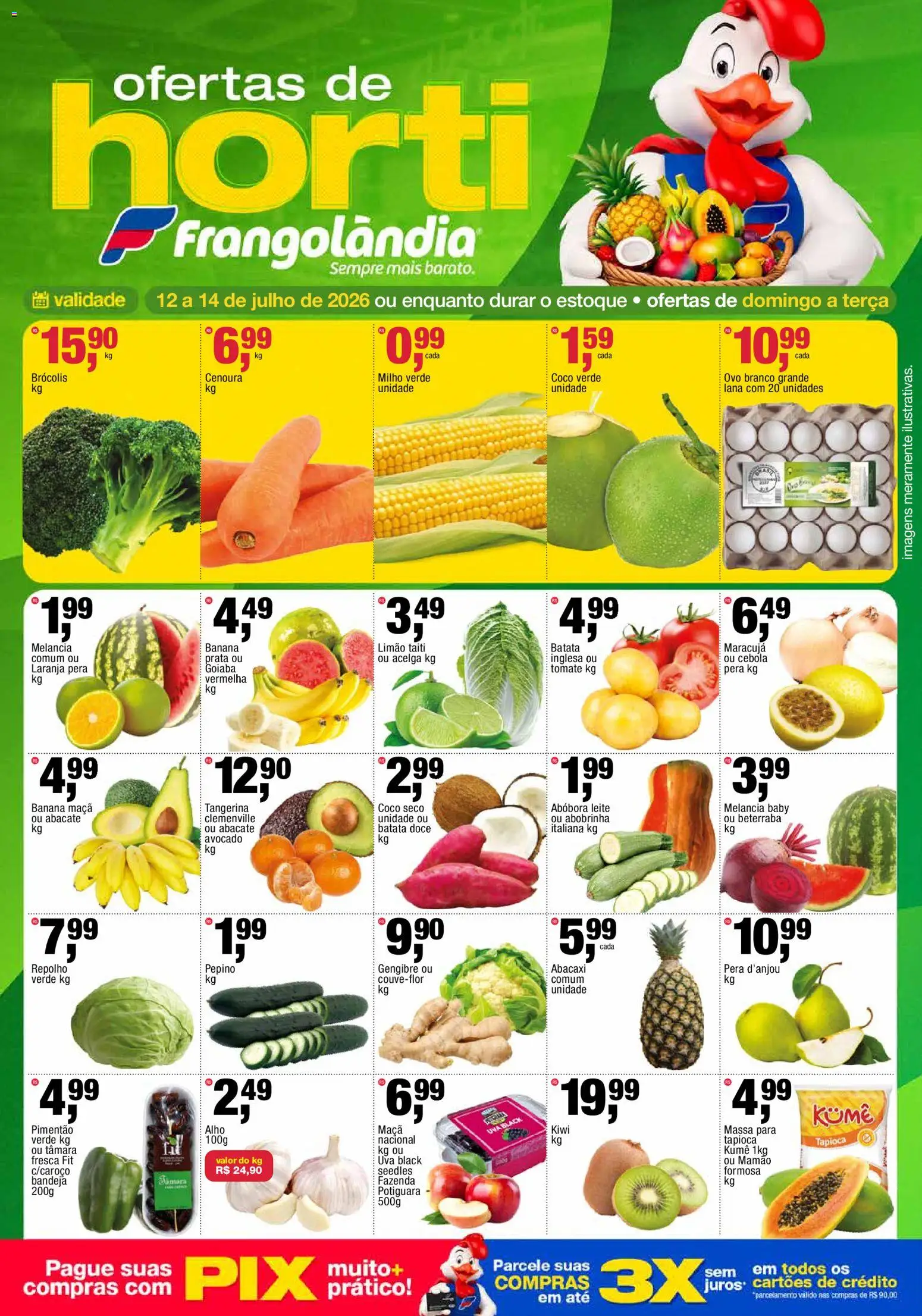 Pré-Visualização do folheto "Frangolândia - Ofertas da semana" da loja Frangolândia válido a partir de 12/07/2026 - Coco, Melancia, Gengibre, Leite, Doce, Abobrinha, Massa, Cenoura