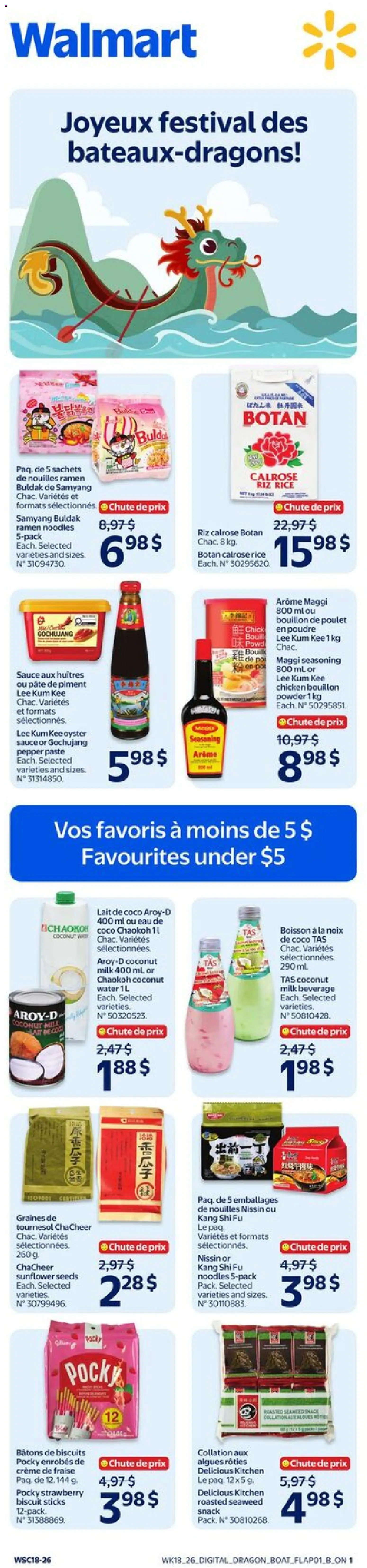 Preview of leaflet Walmart circulaire - Joyeux festival des bateaux-dragons! from shop Walmart is valid from May 28, 2026 - Chicken, Water, Sunflower, Coconut, Pepper, Sunflower seeds, Powder, Sachets