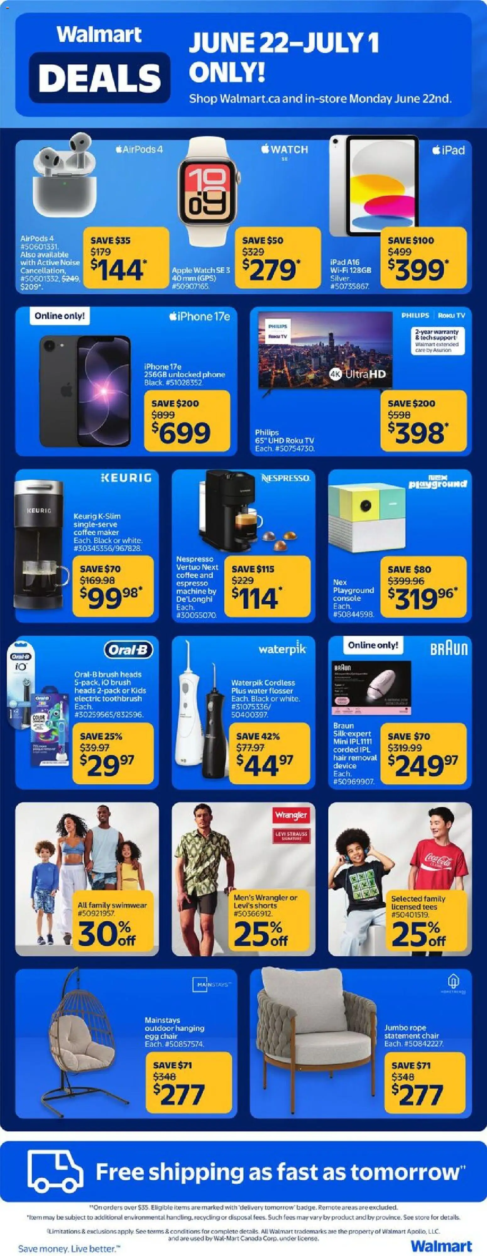 Preview of leaflet Walmart Deals from shop Walmart is valid from Jun 22, 2026 - Water, Shorts, Tablet, Chair, Electric toothbrush, Television, Smartphone, Smartwatch