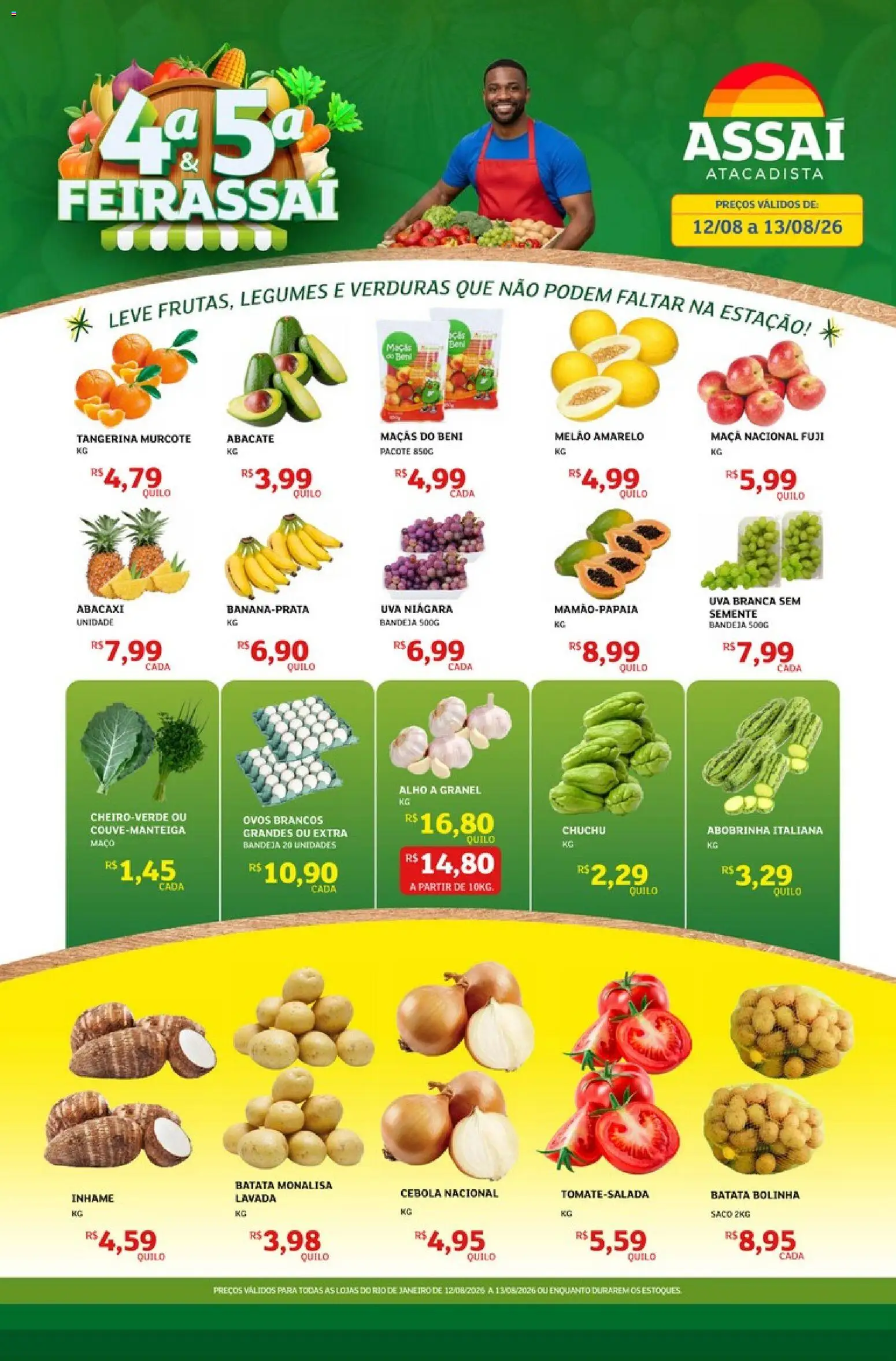 Pré-Visualização do folheto "Assaí Atacadista ofertas - RJ" da loja Assaí Atacadista válido a partir de 12/08/2026 - Inhame, Maçãs, Abacaxi, Chuchu, Abacate, Cebola, Bandeja, Melão amarelo
