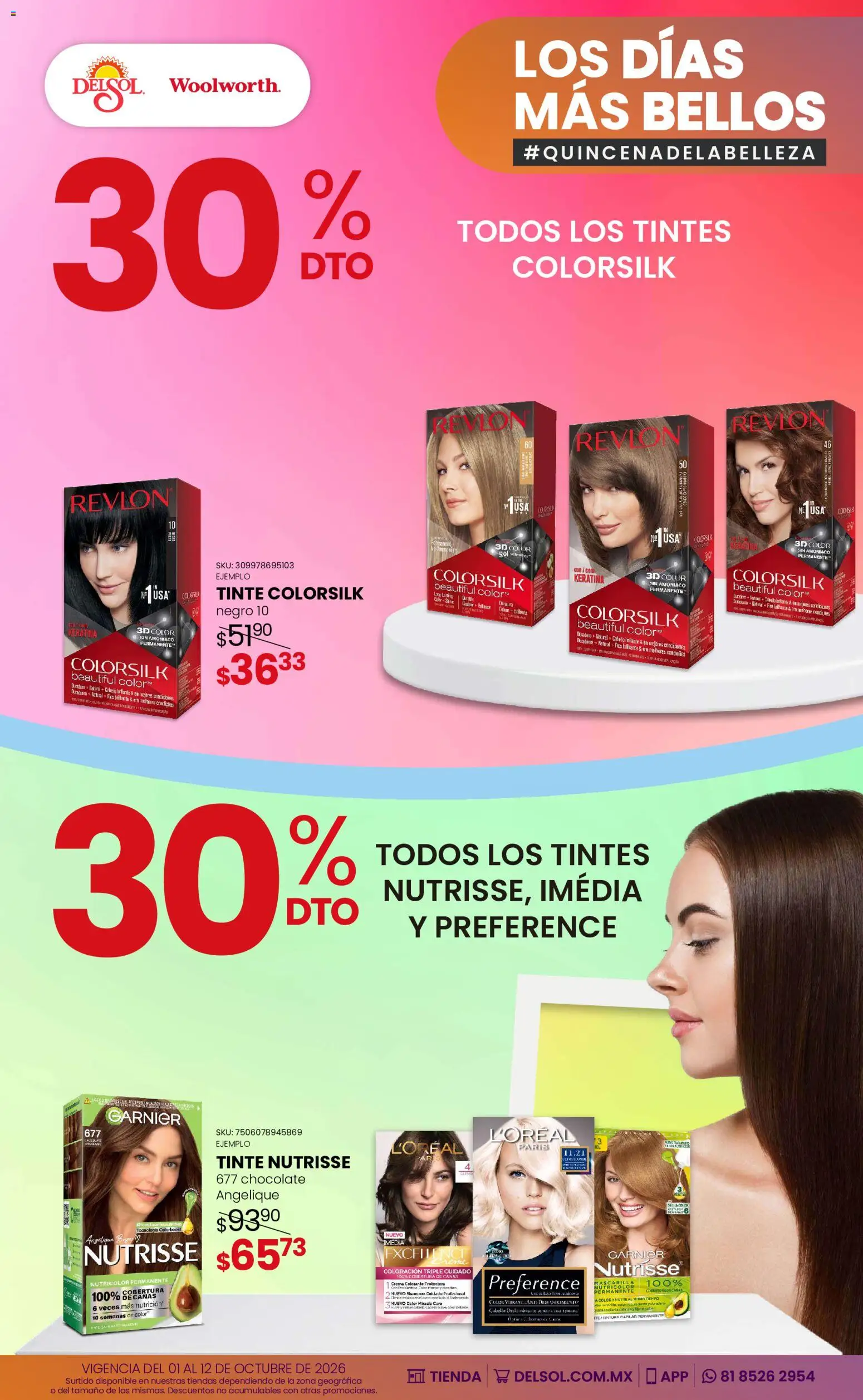 Vista previa las ofertas de la tienda Del Sol y Woolworth - Del Sol y Woolworth catálogo Los días más bellos - Quincena Belleza desde el 01/10/2026 - Chocolate, Pintura, Shampoo, Crema, Mascarilla