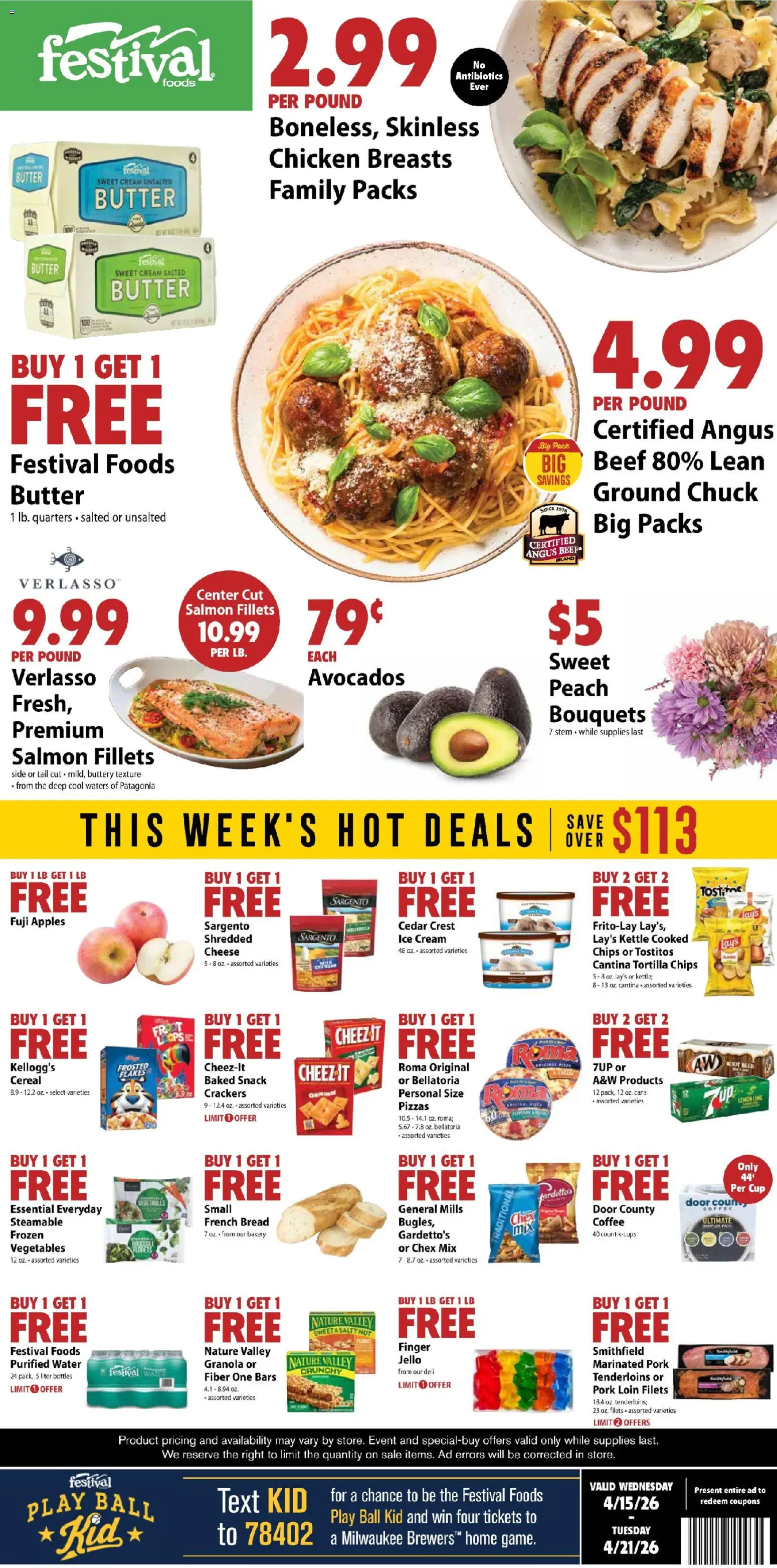 Ad Preview of Festival Foods Festival Foods Weekly Ad from 04/15/2026 - Coffee, Ice cream, Chips, Peach, Lime, Crackers, Cream, Kettle