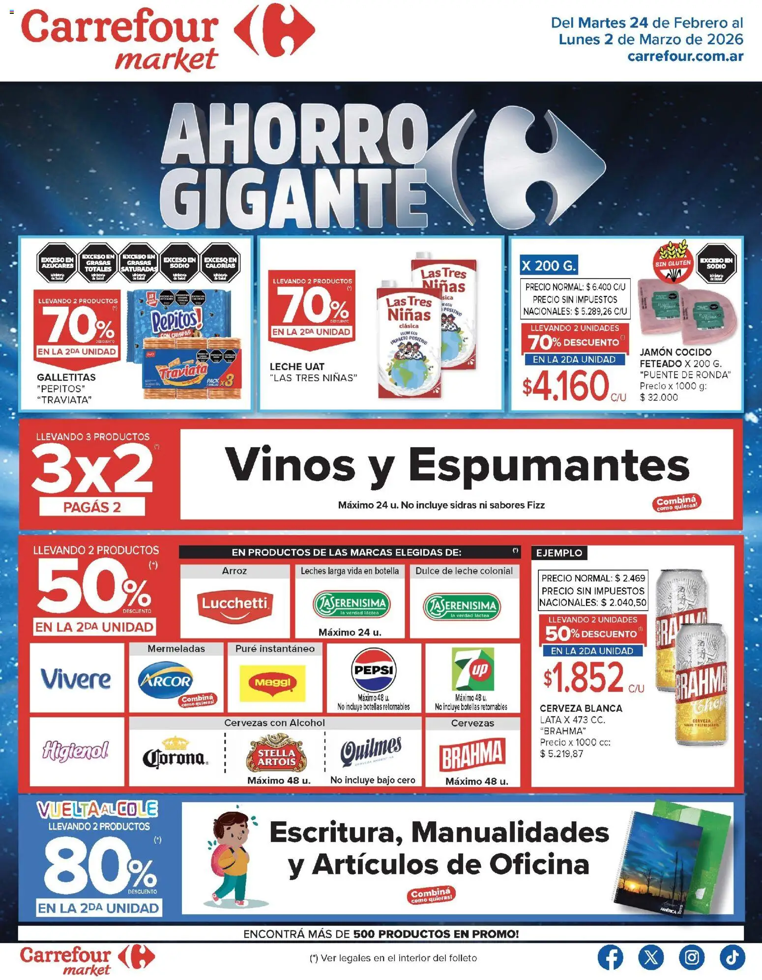 Vista previa del folleto de la tienda Carrefour Market válido desde el 24/02/2026 - Dulce de leche, Alcohol, Arroz, Galletitas, Leche, Botella, Jamón, Dulce