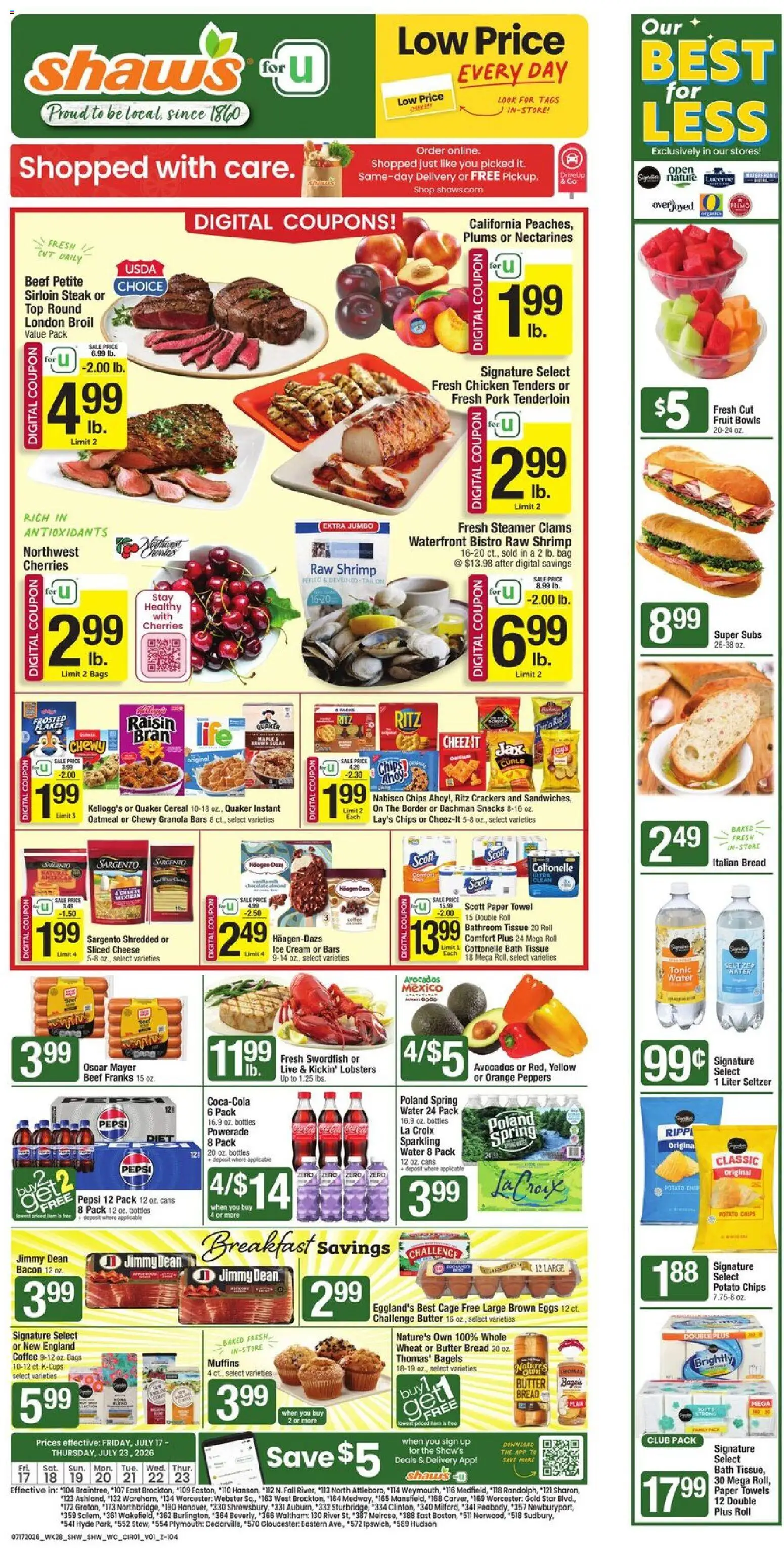 Ad Preview of Shaw's Shaw's Weekly Ad from 07/17/2026 - Cheese, Cherries, Shrimp, Oatmeal, Bacon, Pork, Paper towels, Sliced cheese