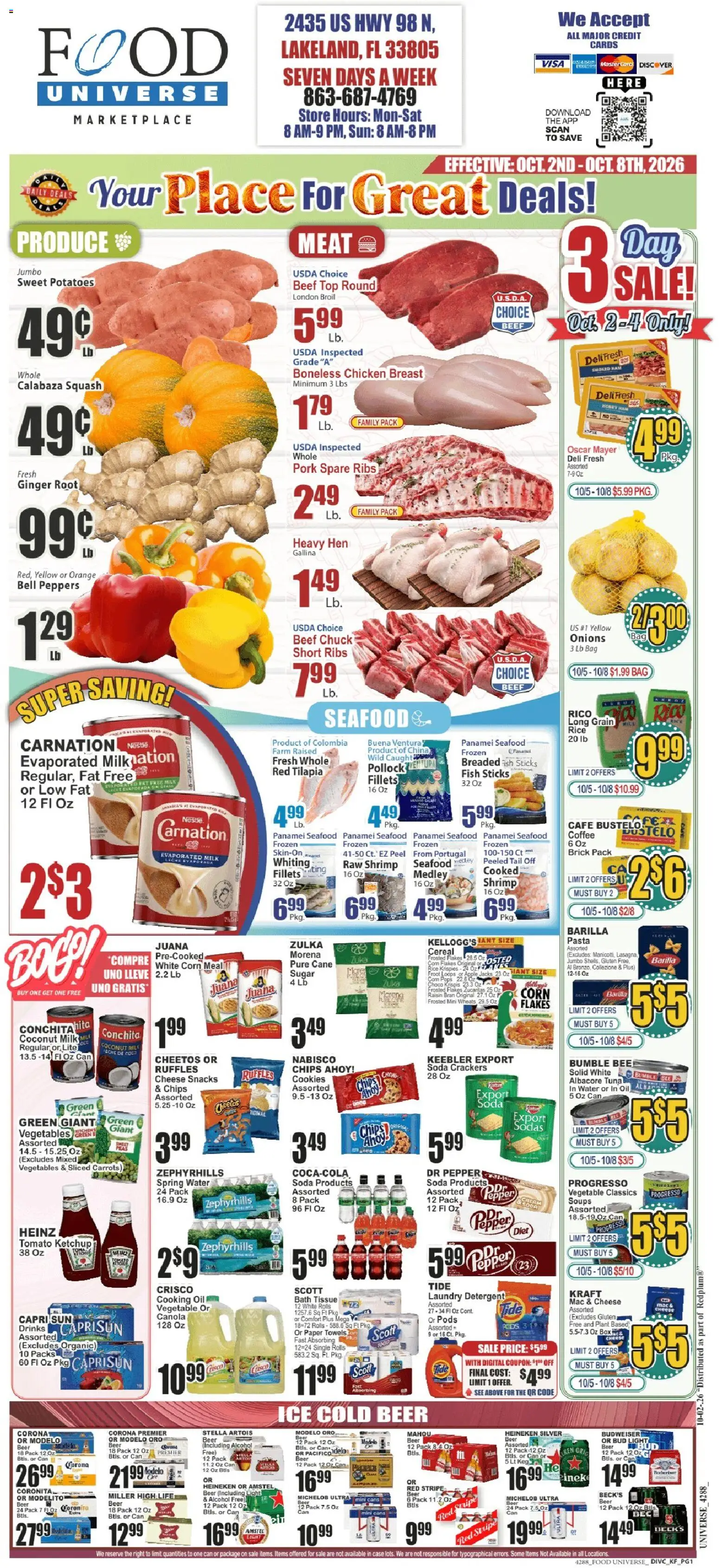 Ad Preview of Food Universe Food Universe Weekly Ad from 10/02/2026 - Milk, Cereal, Sweet potatoes, Squash, Tilapia, Ham, Cream, Chicken
