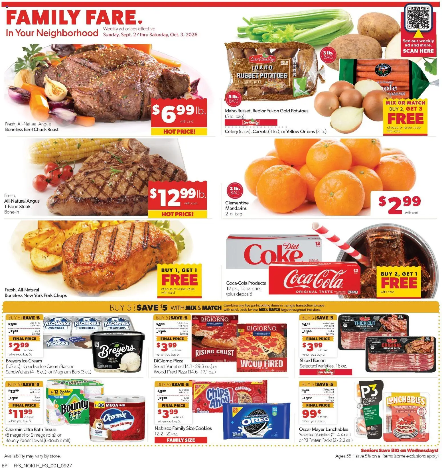 Ad Preview of Family Fare Family Fare Weekly Ad from 09/27/2026 - Ice, Bacon, Beef, Bag, Mandarins, Cream, Celery, Vanilla