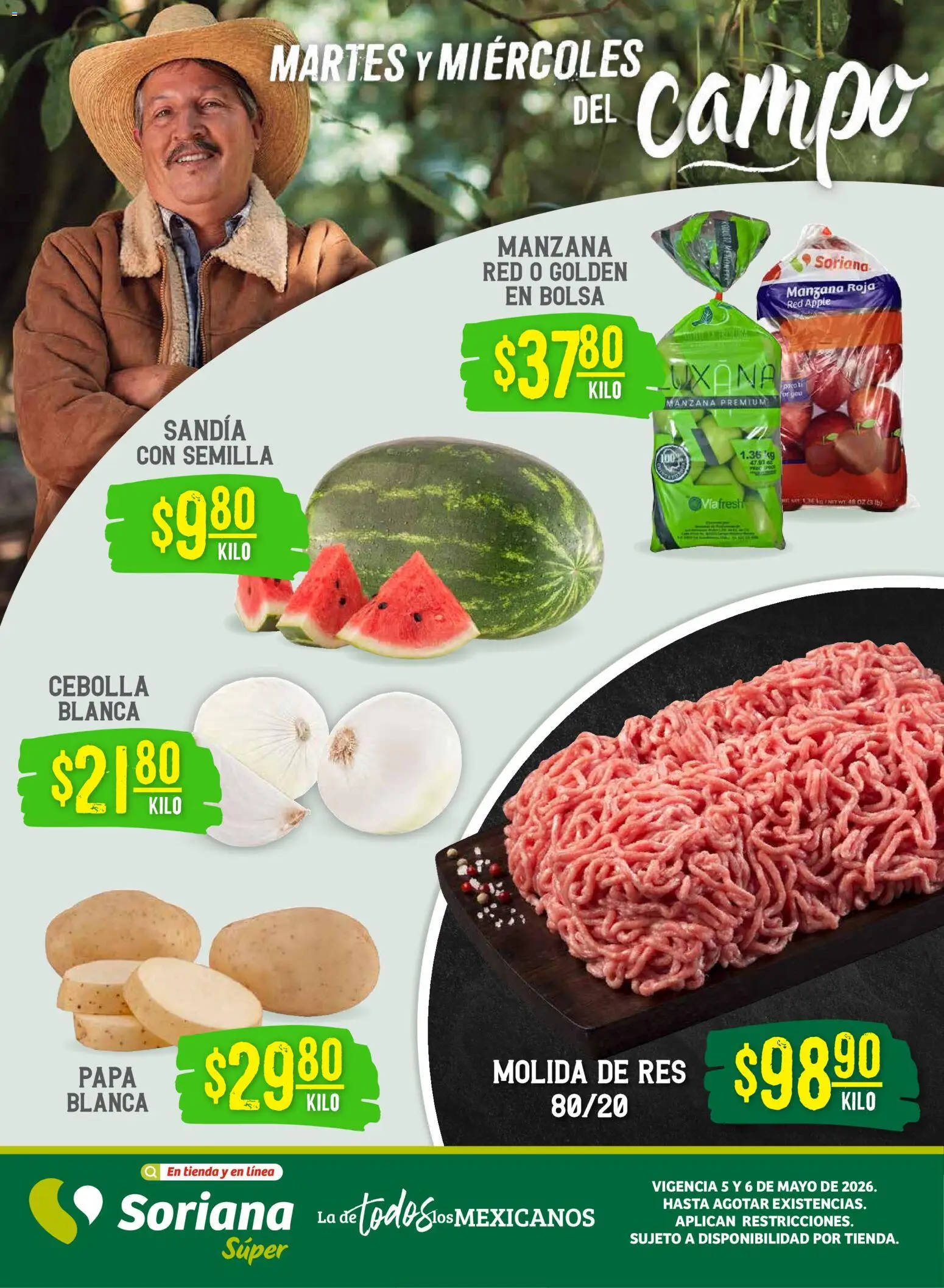 Vista previa las ofertas de la tienda Soriana - Soriana Martes y Miércoles del Campo Súper: Nuevo León, Ciudad Victoria y Tampico desde el 05/05/2026 - Papa, Manzana, Bolsa, Sandía, Cebolla, Res