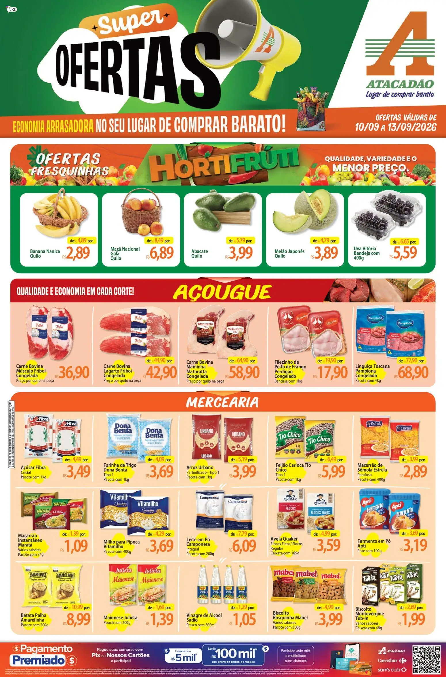 Pré-Visualização do folheto "Atacadão ofertas - CE" da loja Atacadão válido a partir de 10/09/2026 - Leite, Batata, Aveia, Peito de frango, Batata palha, Farinha, Flocos, Carne bovina músculo