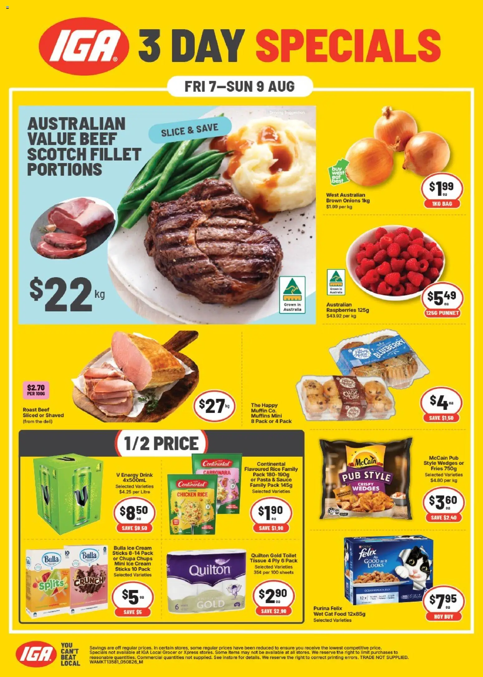 Preview of catalogue IGA 3 Day Specials from shop IGA valid 07/08/2026 - Fries, Toilet, Energy drink, Chicken, Cream, Ice, Fillet, Bag