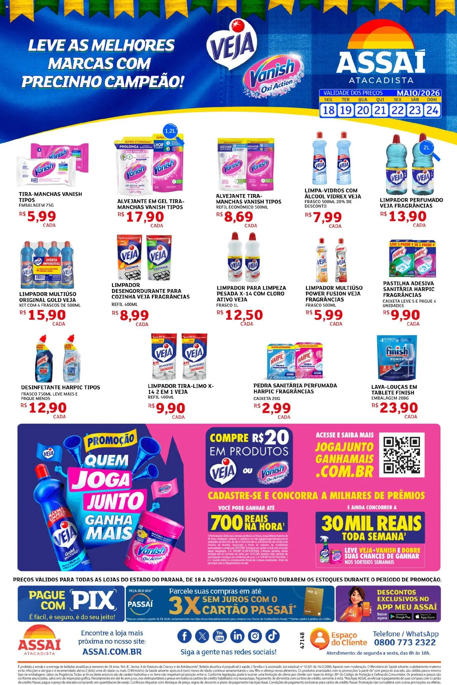 Pré-Visualização do folheto "Assaí Atacadista ofertas - PR" da loja Assaí Atacadista válido a partir de 18/05/2026 - Saquê, Pneus, Base, Bebida, Desinfetante, Vanish, Alimentos, Limpador multiuso