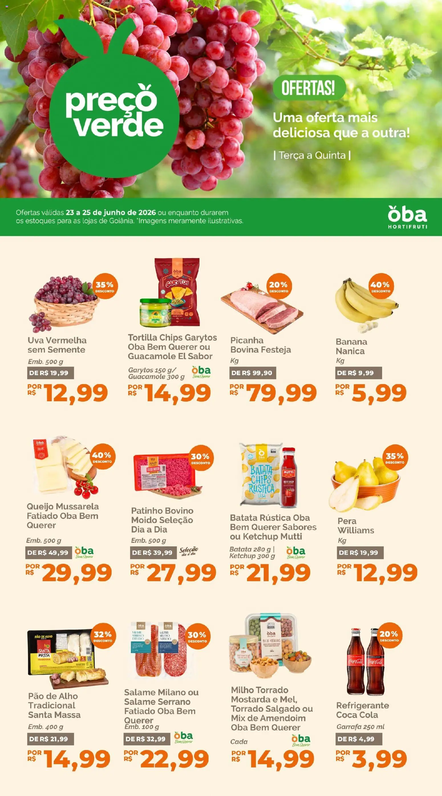 Pré-Visualização do folheto "Oba Hortifruti - Ofertas da semana" da loja Oba Hortifruti válido a partir de 23/06/2026 - Guacamole, Amendoim, Queijo, Batata, Ketchup, Refrigerante, Milho, Cola